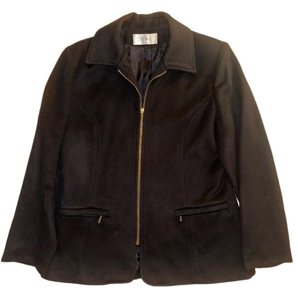Vintage 90s J. Hilary Black Wool Blend Zip Front Jacket Coat Size 14 Made in USA