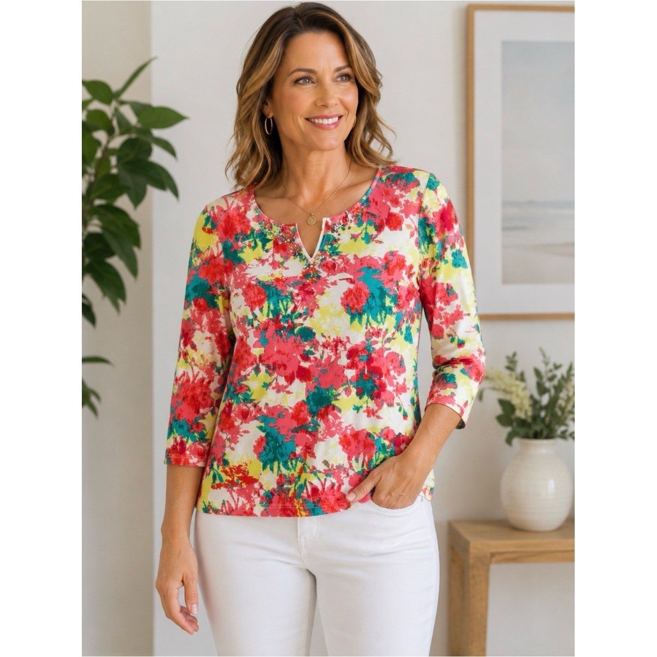 Ruby Rd Floral Rhinestone Neck Top Size Medium 3/4 Sleeve Colorful Blouse
