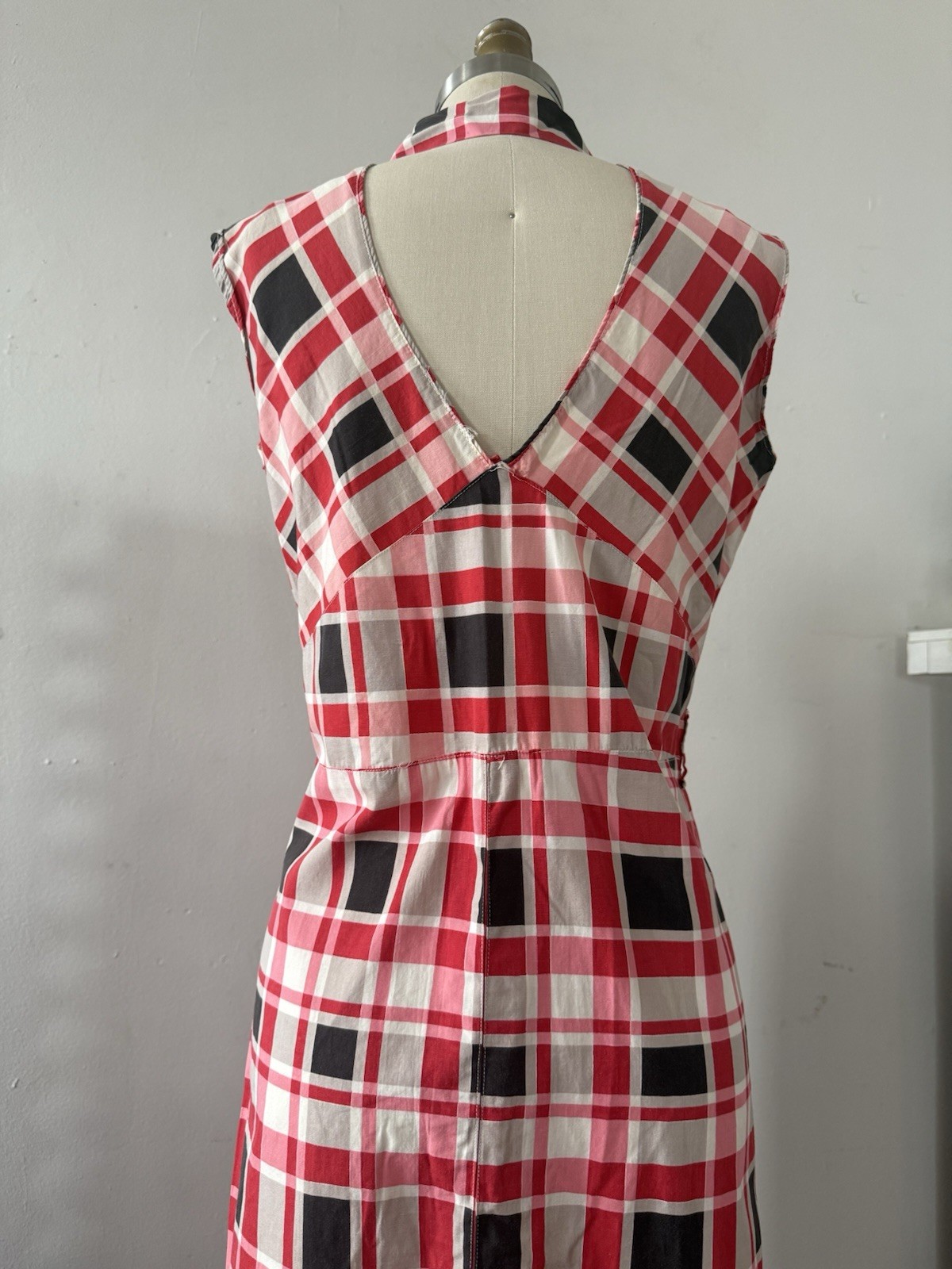 30s Glazed Cotton Plaid Pointed Collar 1/4 Zip Halter Dress Midi Sportswear S/M