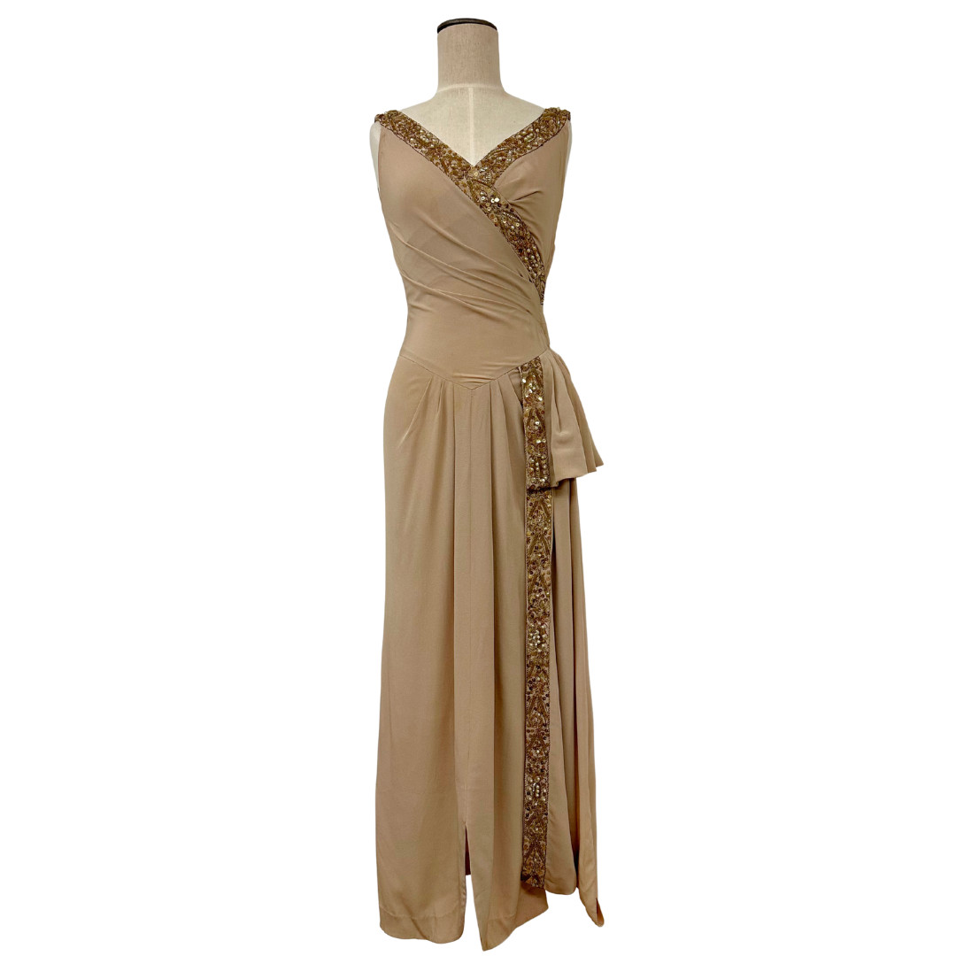 Vintage 1930s Draped Beige Sequin Hollywood Glamour Art Deco Evening Gown