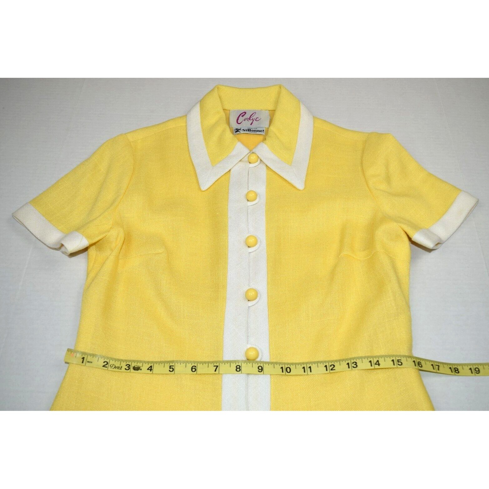 Vintage Midi Dress Carlye Size S/M 50s Sunny Yellow Linen White Trim Lined