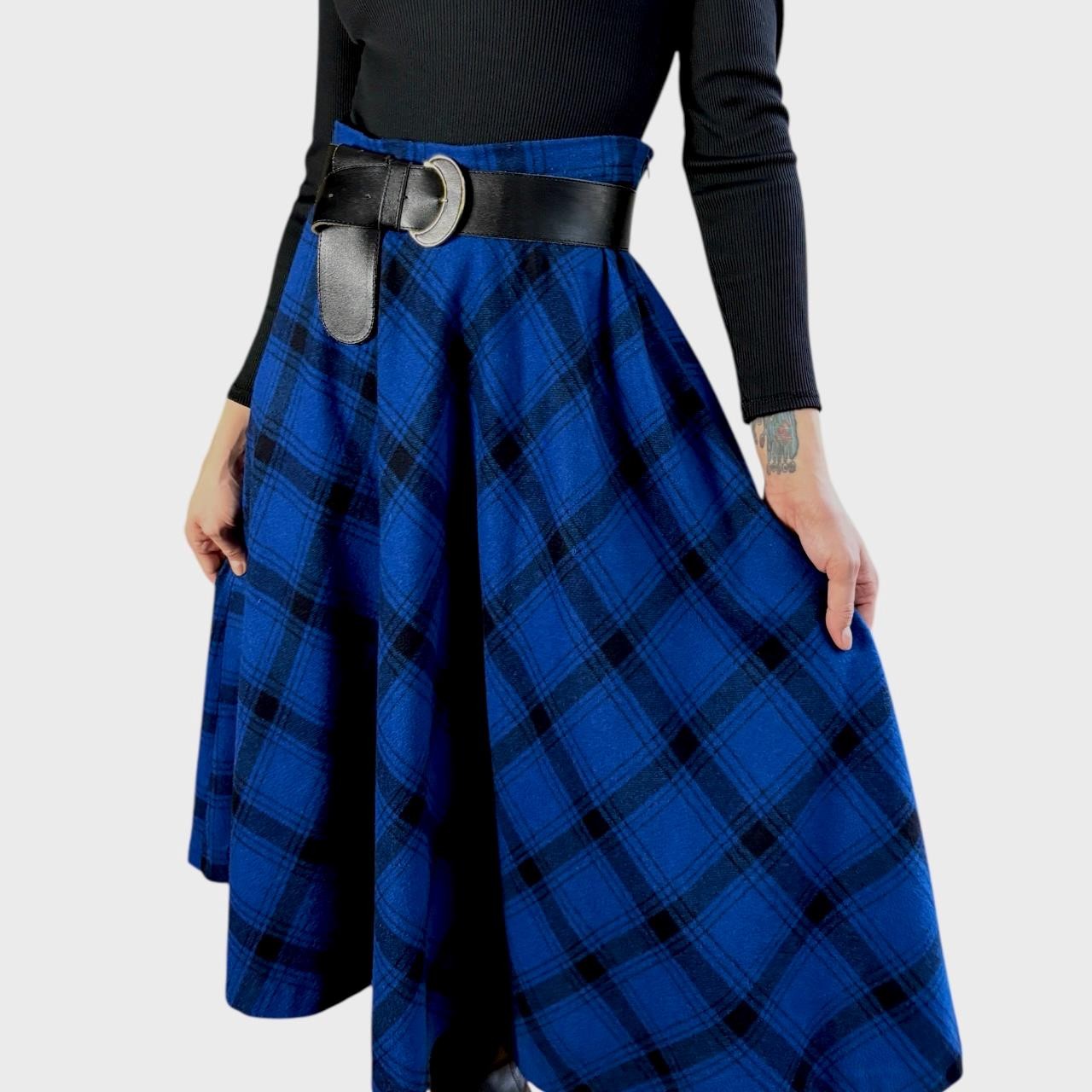 Vintage 90s Blue Plaid Wool Blend Midi Skirt | High Waist A-Line size US8/ EU40