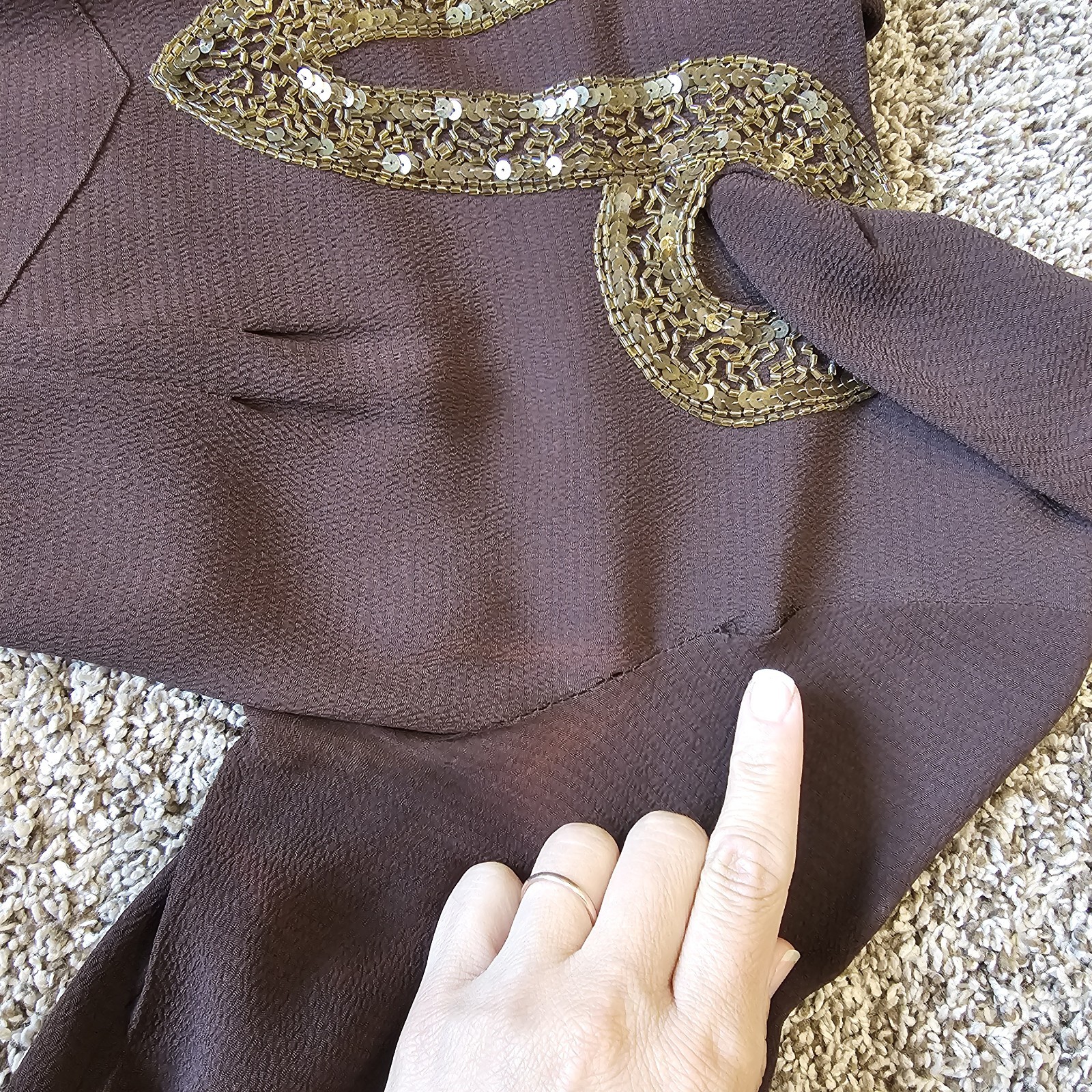 1930s Vintage Blue Eagle Brown Rayon Crepe Peplum Gold Beaded Dress Belt Set #90