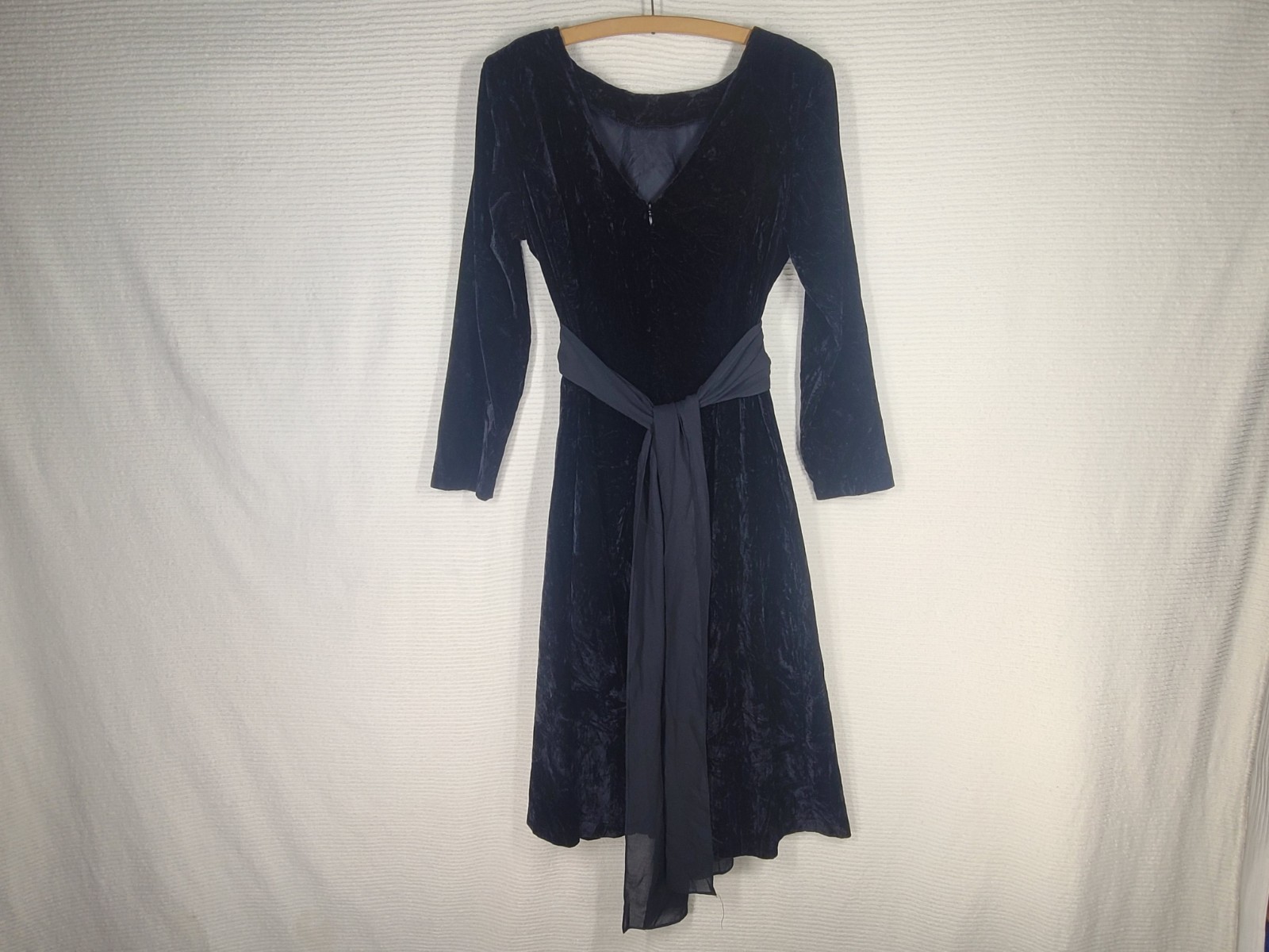 Vintage Black Velvet Dress Sheer Crepe Waist Belt Bow Velour Goth 6 Medium USA