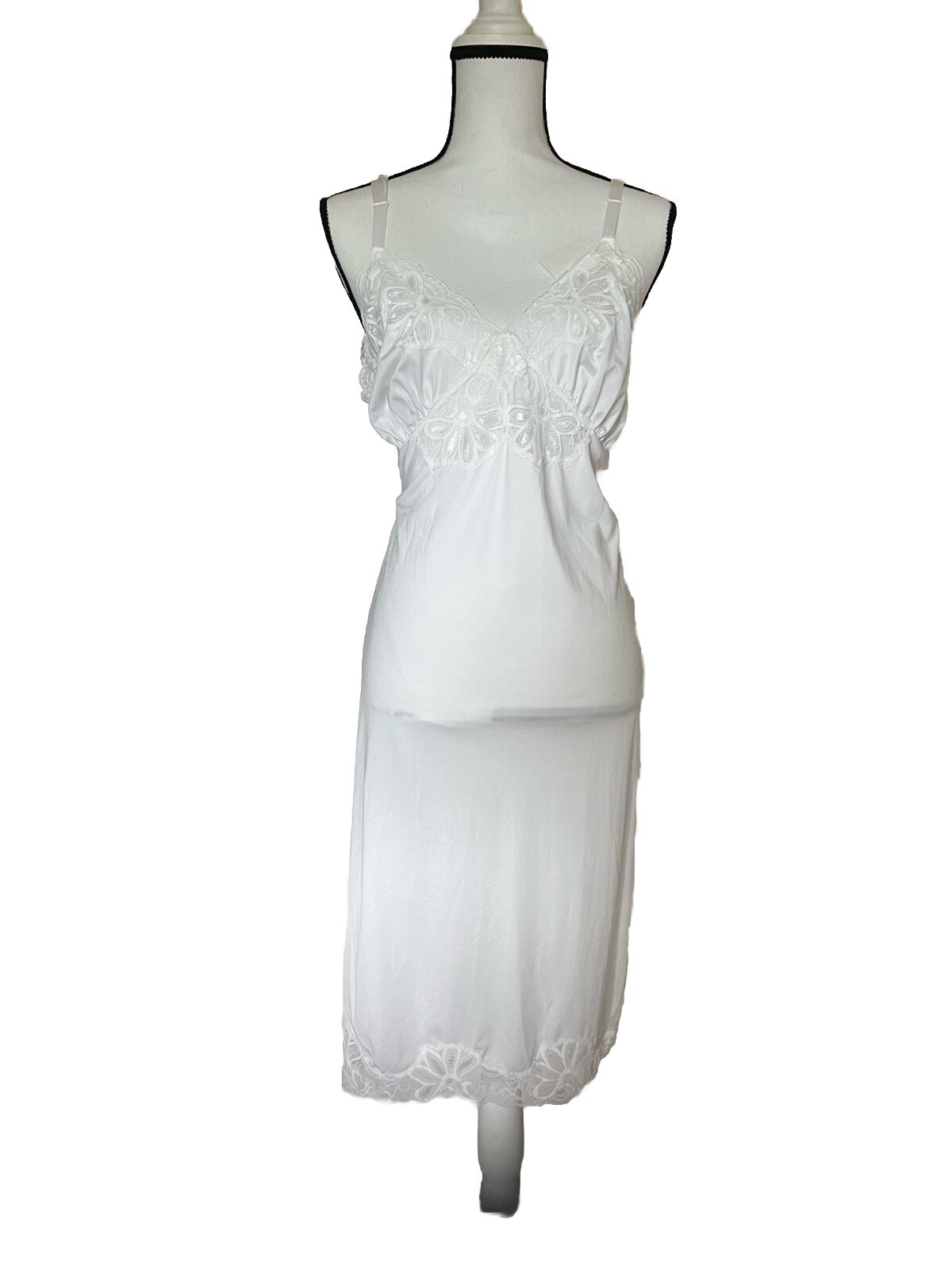 Vtg Shadowline Full Slip Silky Nylon Ivory White Wide Inset Lace Cups 34 36 Tall