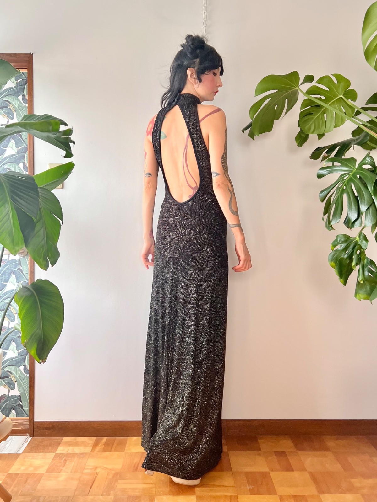 90s Does 70s Caché Open Back Black Glitter Keyhole Halter Maxi Dress Disco Gown