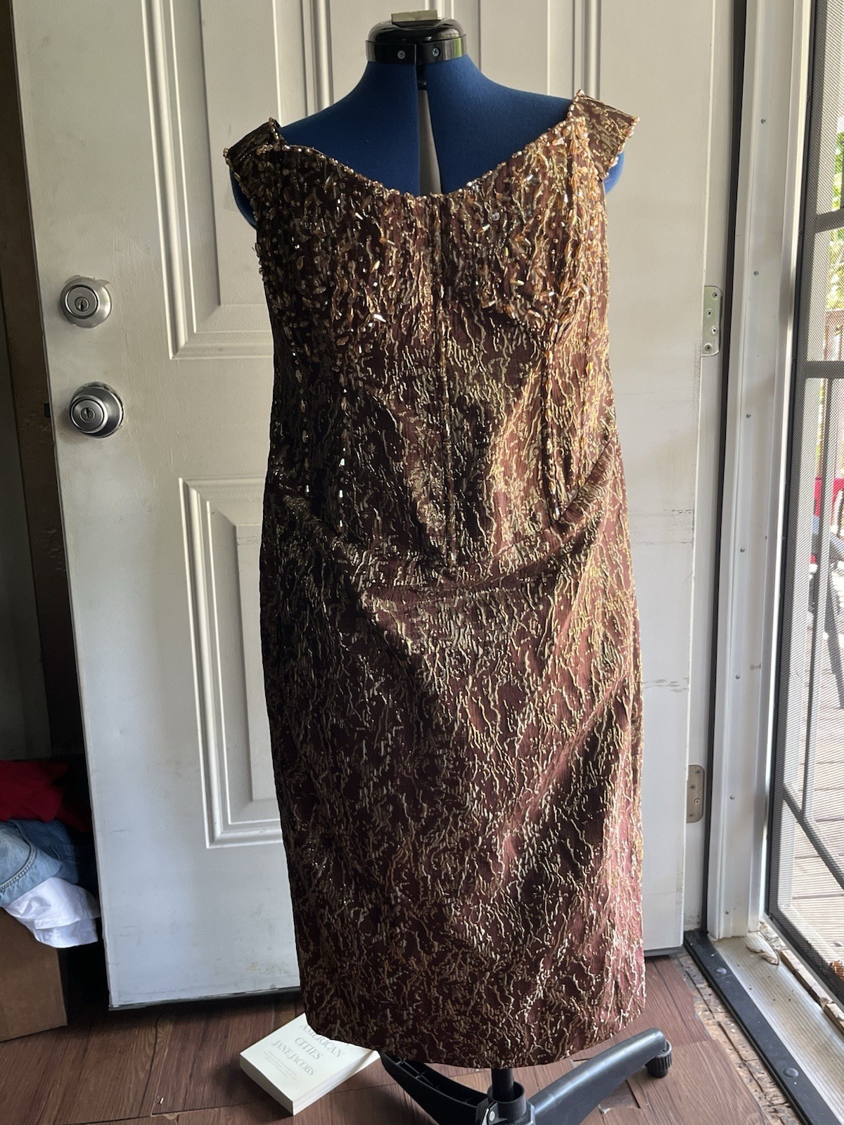 Vintage Metallic Brocade Beaded Cocktail Dress Brown & Gold