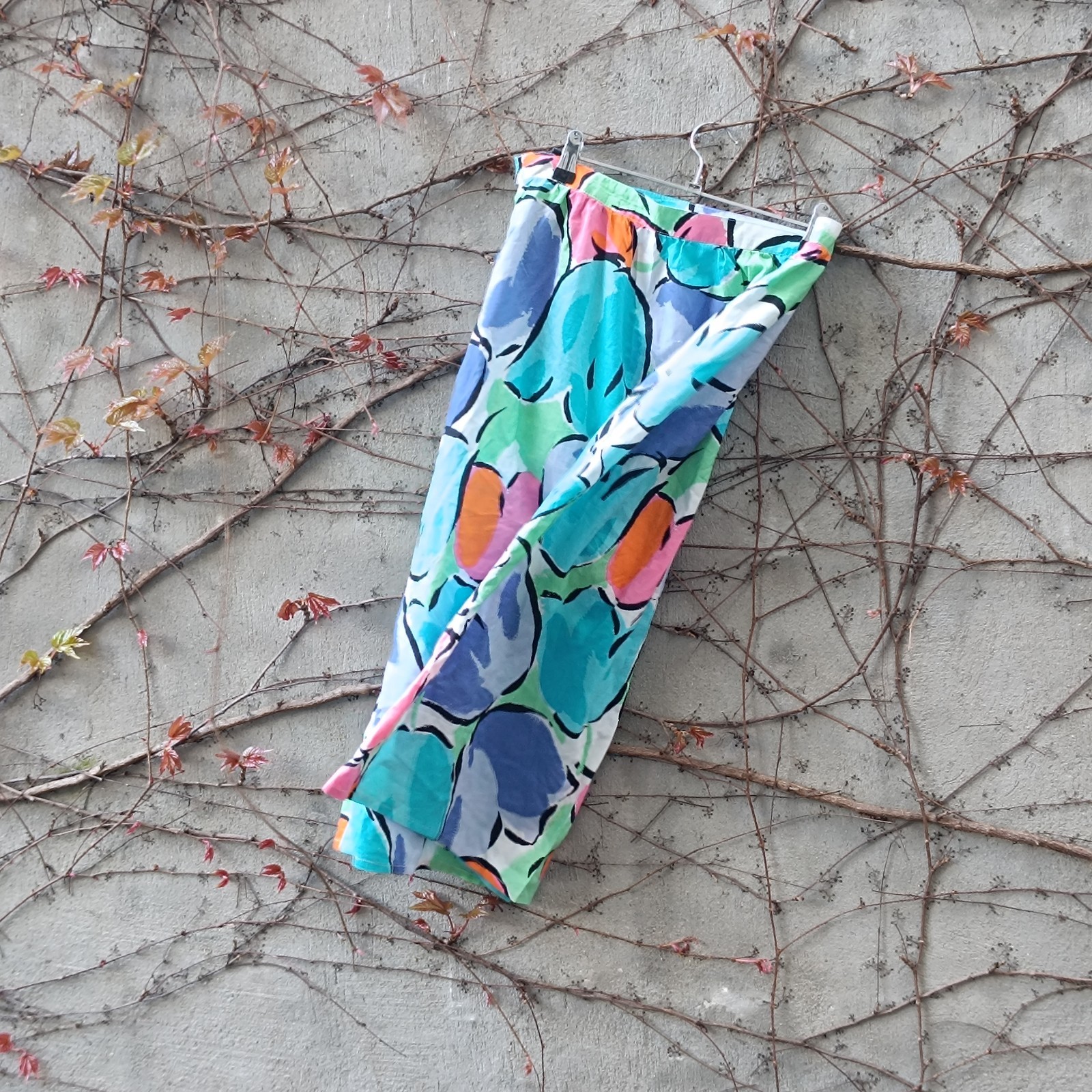 Vintage Midi Skirt Floral High Waist Cotton Multicoloured 70s A Line
