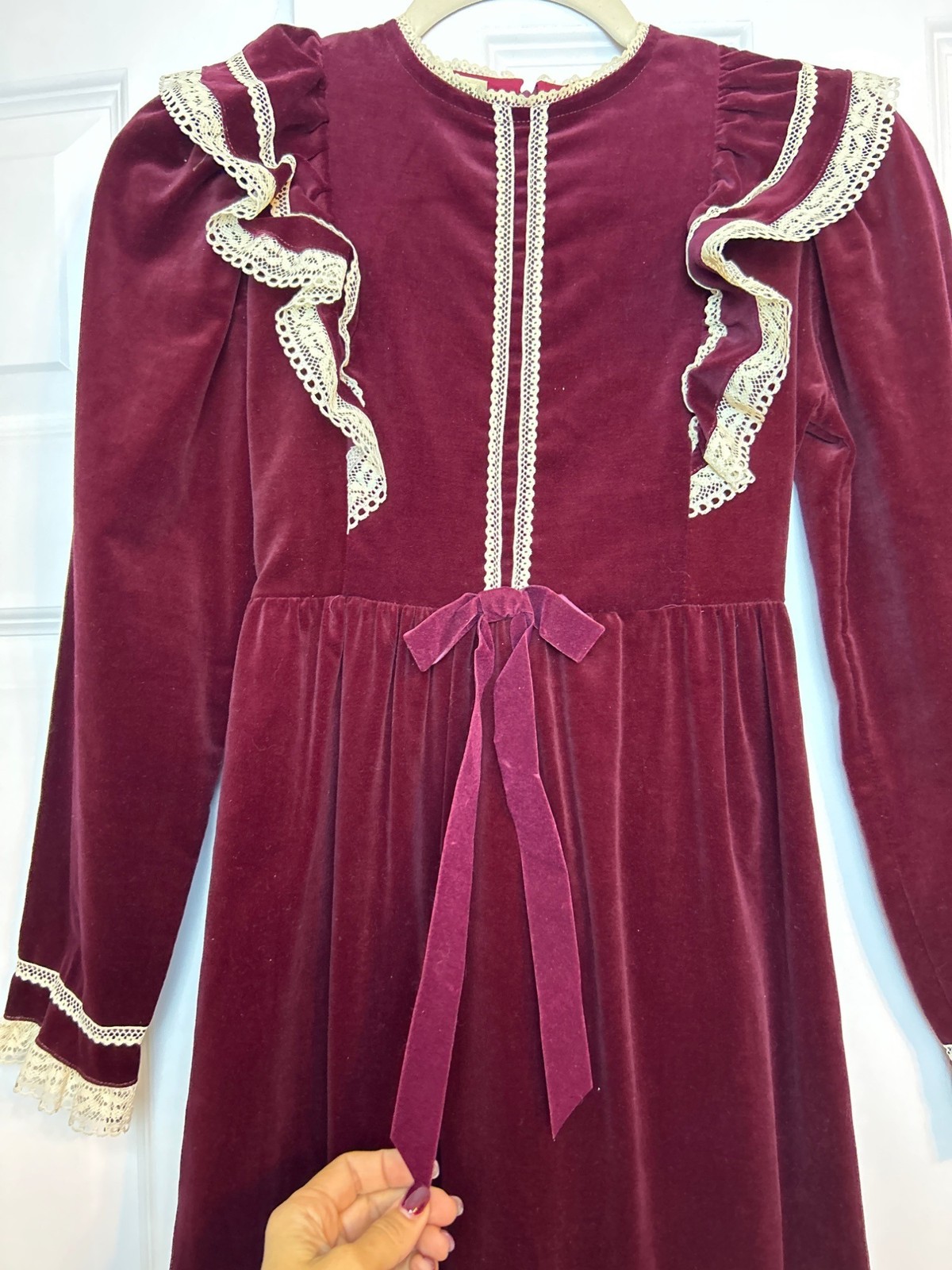 Vintage Burgundy Velvet Prairie Dress Lace Trim & Bow Detail Long Sleeve Ruffle