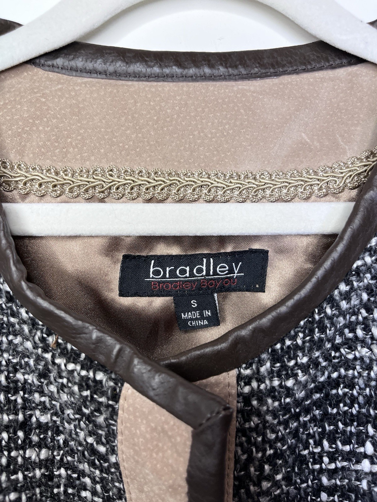 Bradley Bayou Vintage Gray Tweed Tan Leather Varsity Jacket Women’s Size S