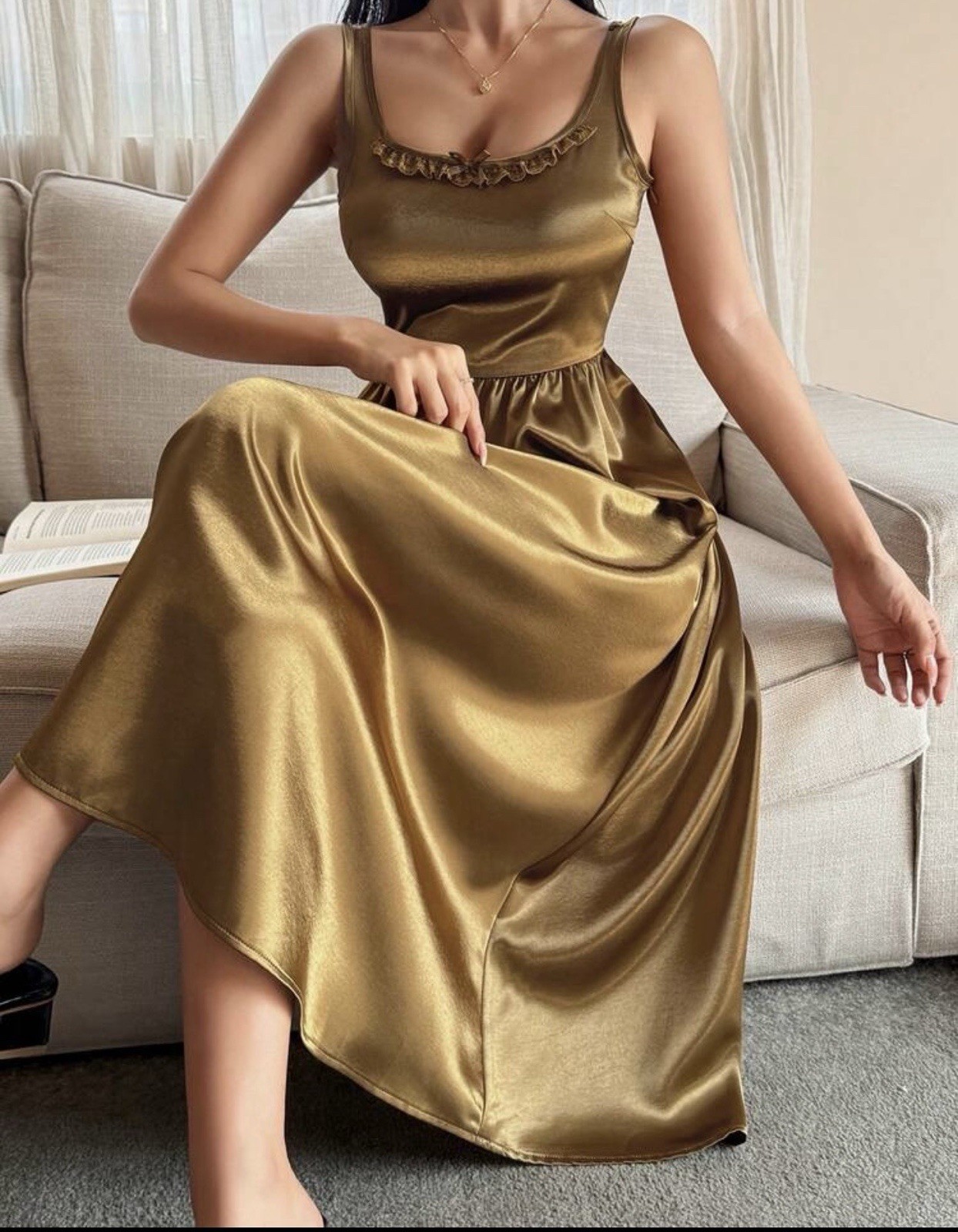 Silver Shiny Satin LONG Maxi NIGHTGOWN Full Slip Camisole GOWN Scarf Dress L NEW