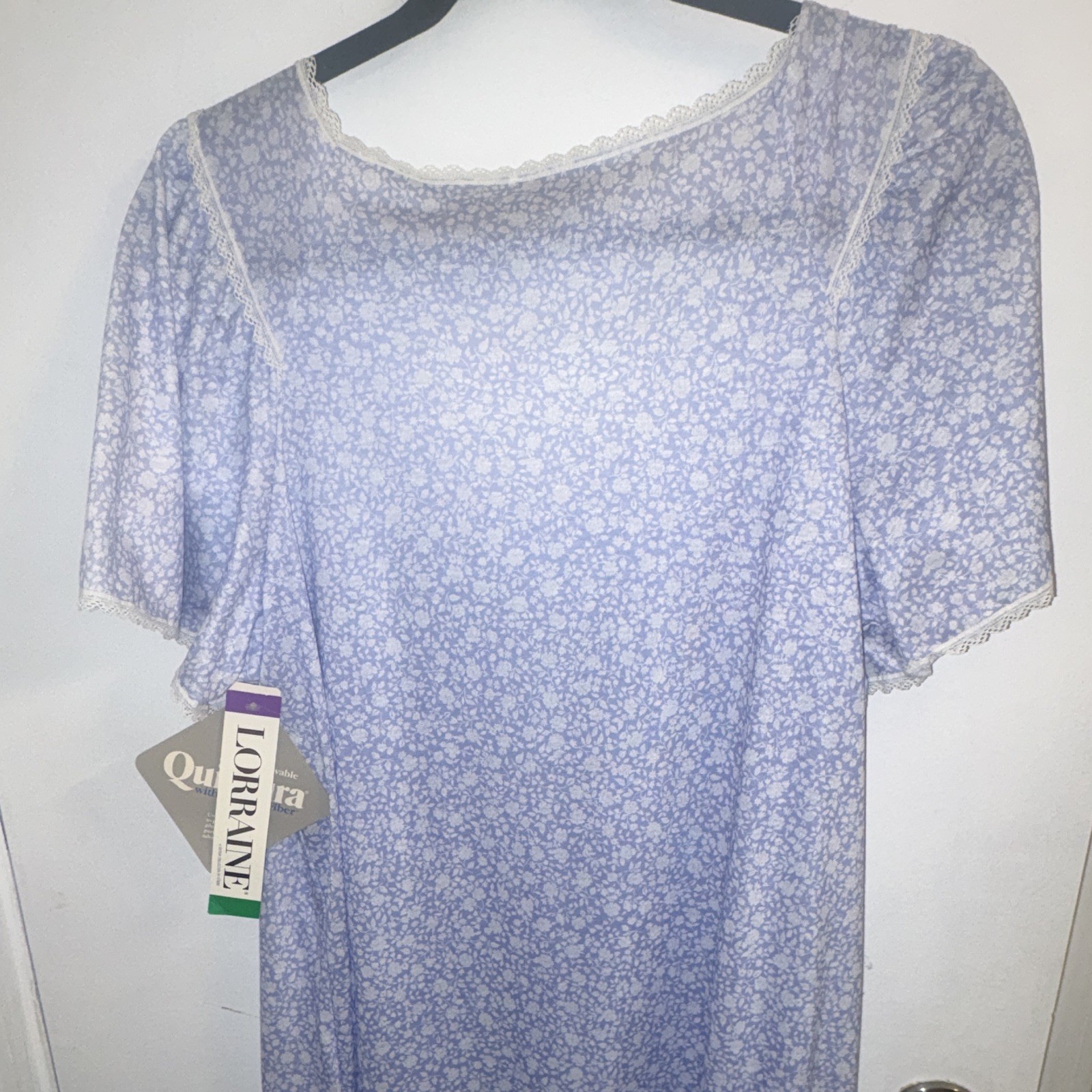 Lorraine Vintage Blue Floral Lace Trim Nightgown Size L 091590