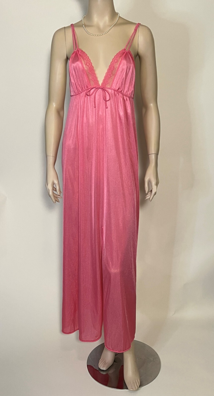 Vintage Sears Pink nylon double spaghetti strap nightgown with front slit size M