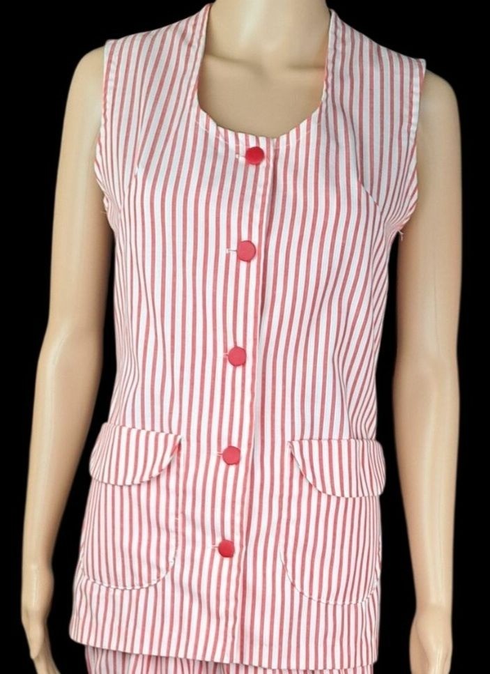 Vintage Candy Striper Uniform 1970s Red White Top Pants Hat 3 Piece Set Imperial