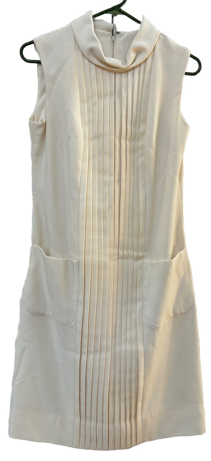 VINTAGE Nancy Greer NY CLASSIC Dress Med Cream Pleat Detail Pockets High Collar