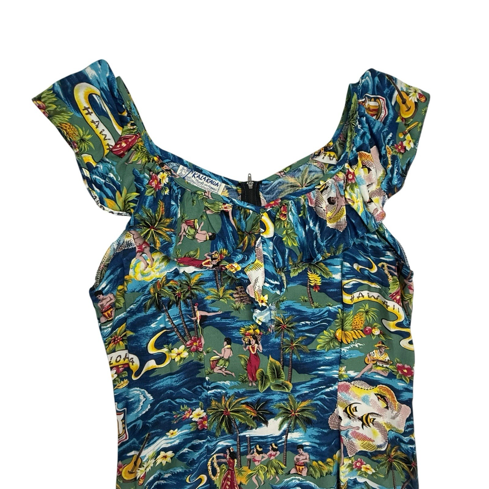 Vintage Kalakaua Hawaiian Dress Women Large Ruffled Luau Dancers Rayon