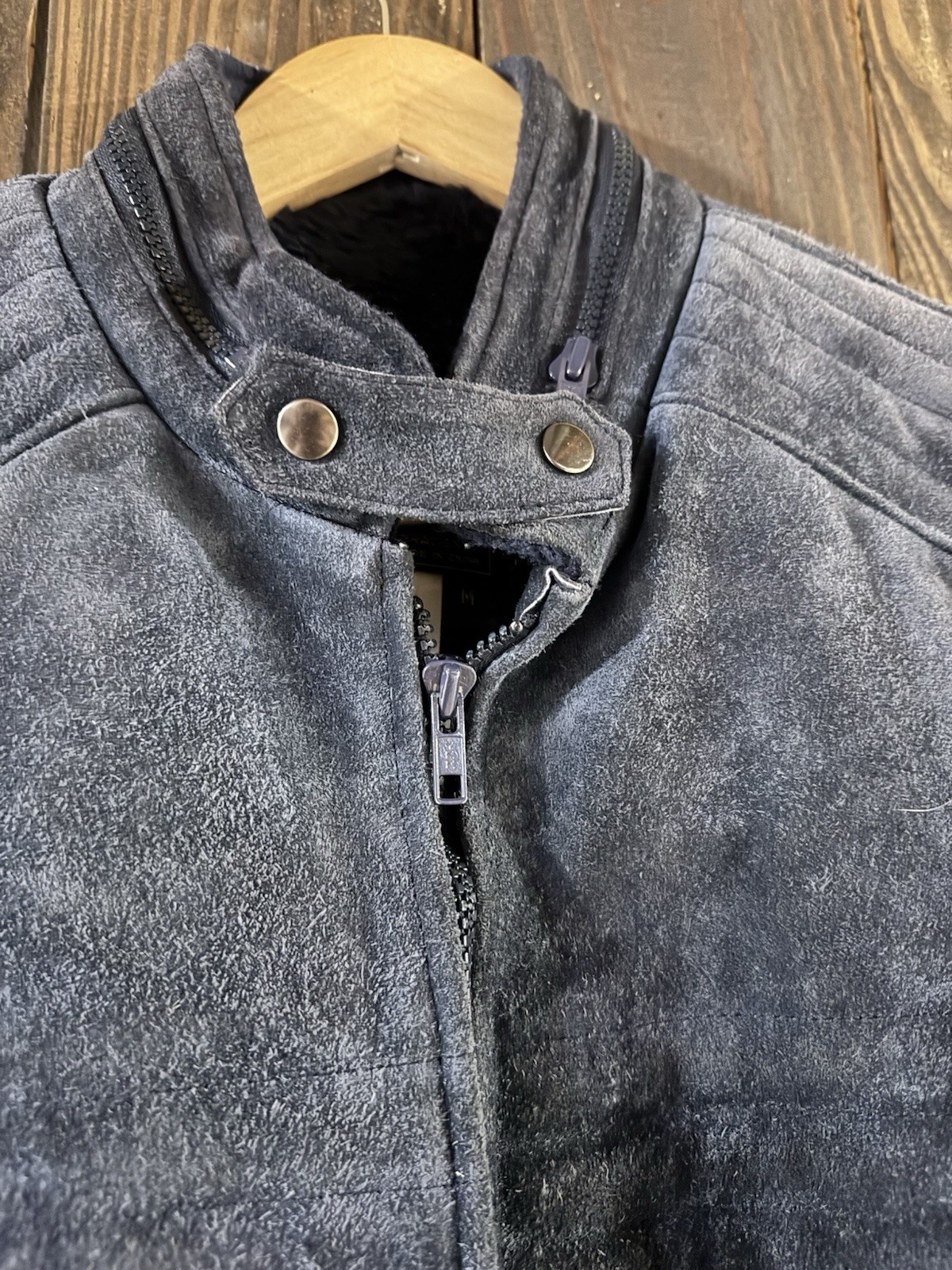 In Crowd By Celebration Jacket Dark Blue Heavy Vintage Suede Leather Sz Medium