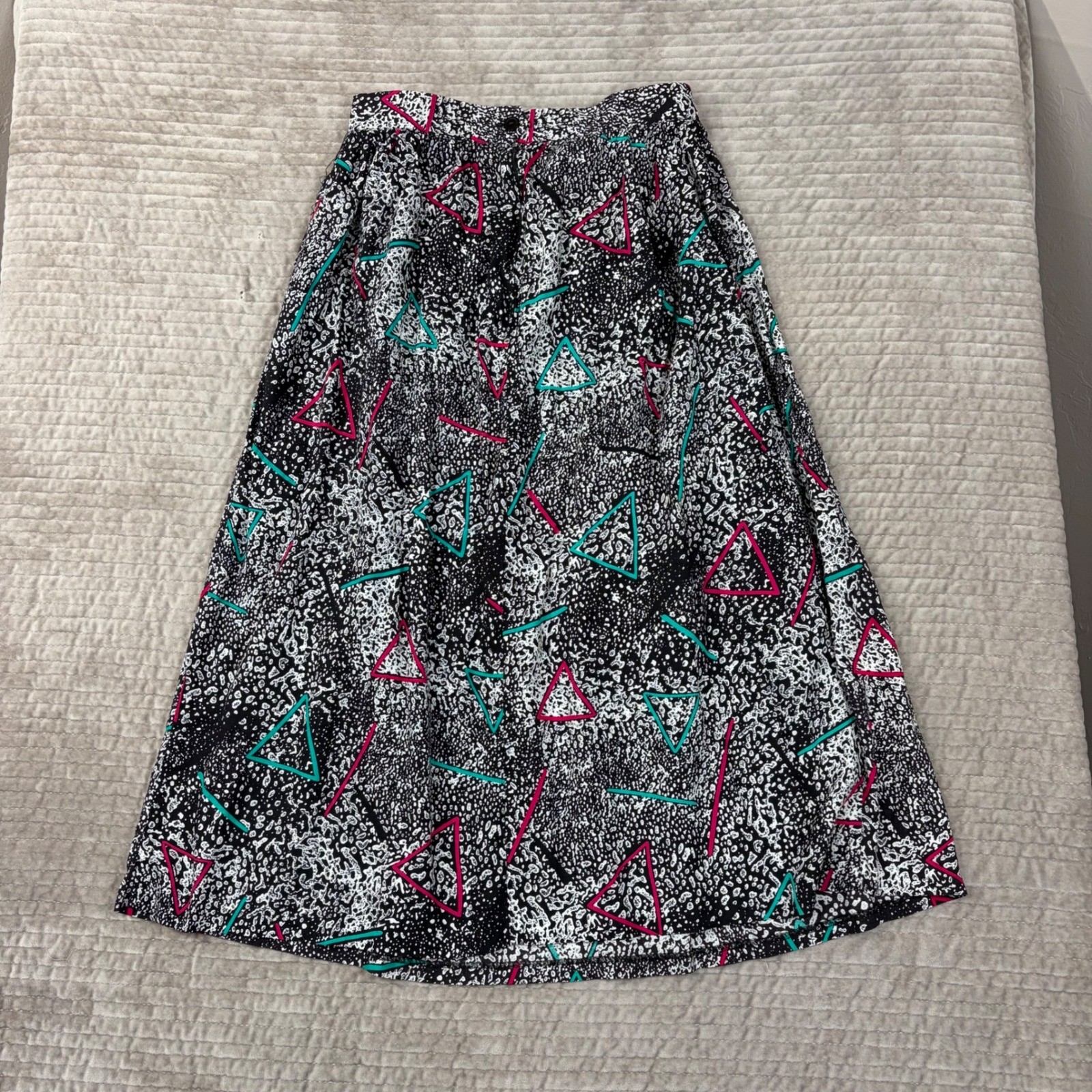 Vintage Greenwich Square 80s Geometric Neon Midi Skirt Black White Rayon 11-12