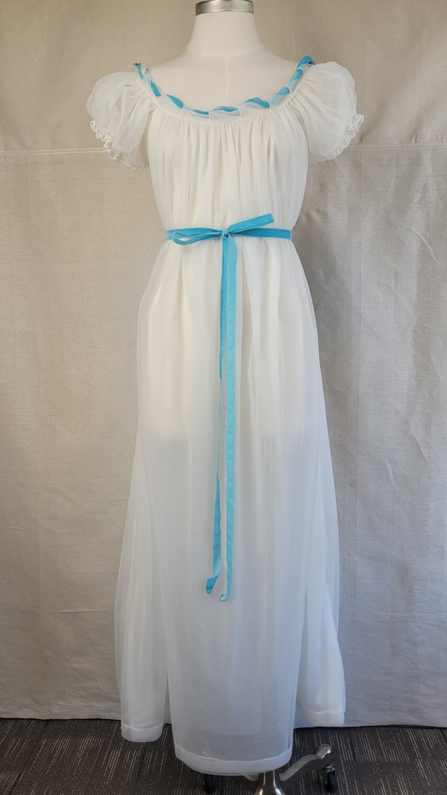 1960s exquisite sheer long white peignoir set with shirring & turquoise accents