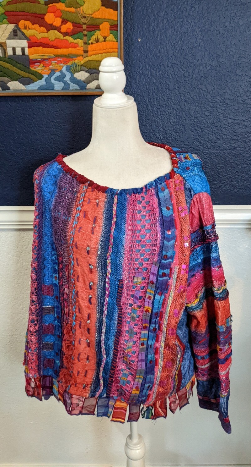 VTG Sandy Starkman Patchwork Abstract Colorful Art Sweater Sequin Sz Extra Large
