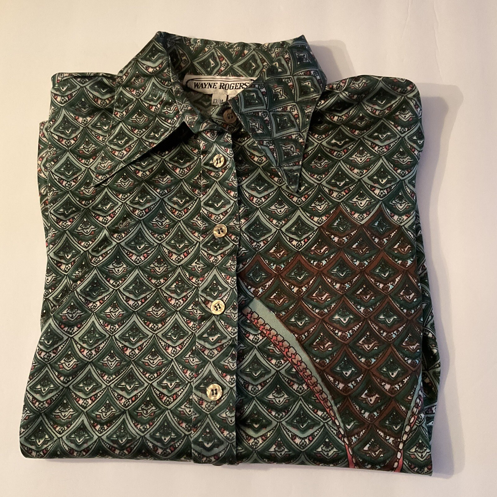 70s Wayne Rogers Shirt Nylon Designer Green Multiprint zipper Graphic M Button