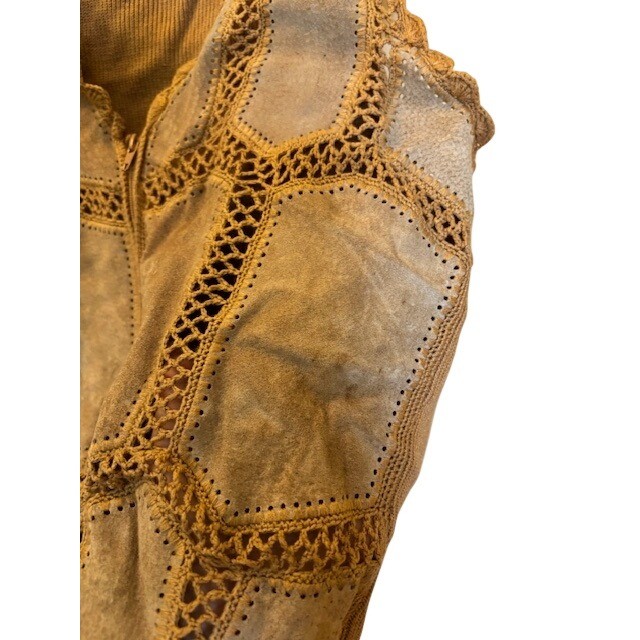 Vintage Rochelle California Leather Patchwork Crochet Zip Vest Tan Women’s M