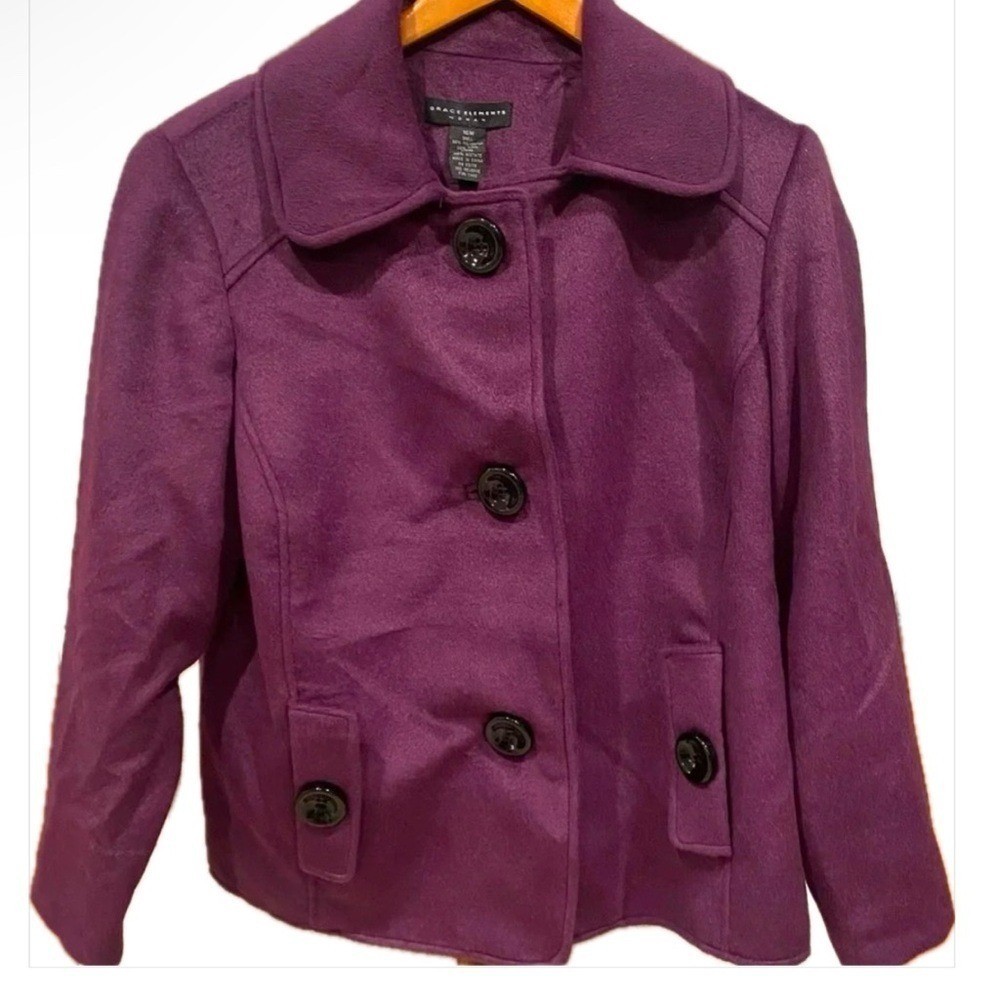 Vintage Grace Elements Purple Soft Warm Wool Blend Pea Coat WM’s Large (16w) EUC