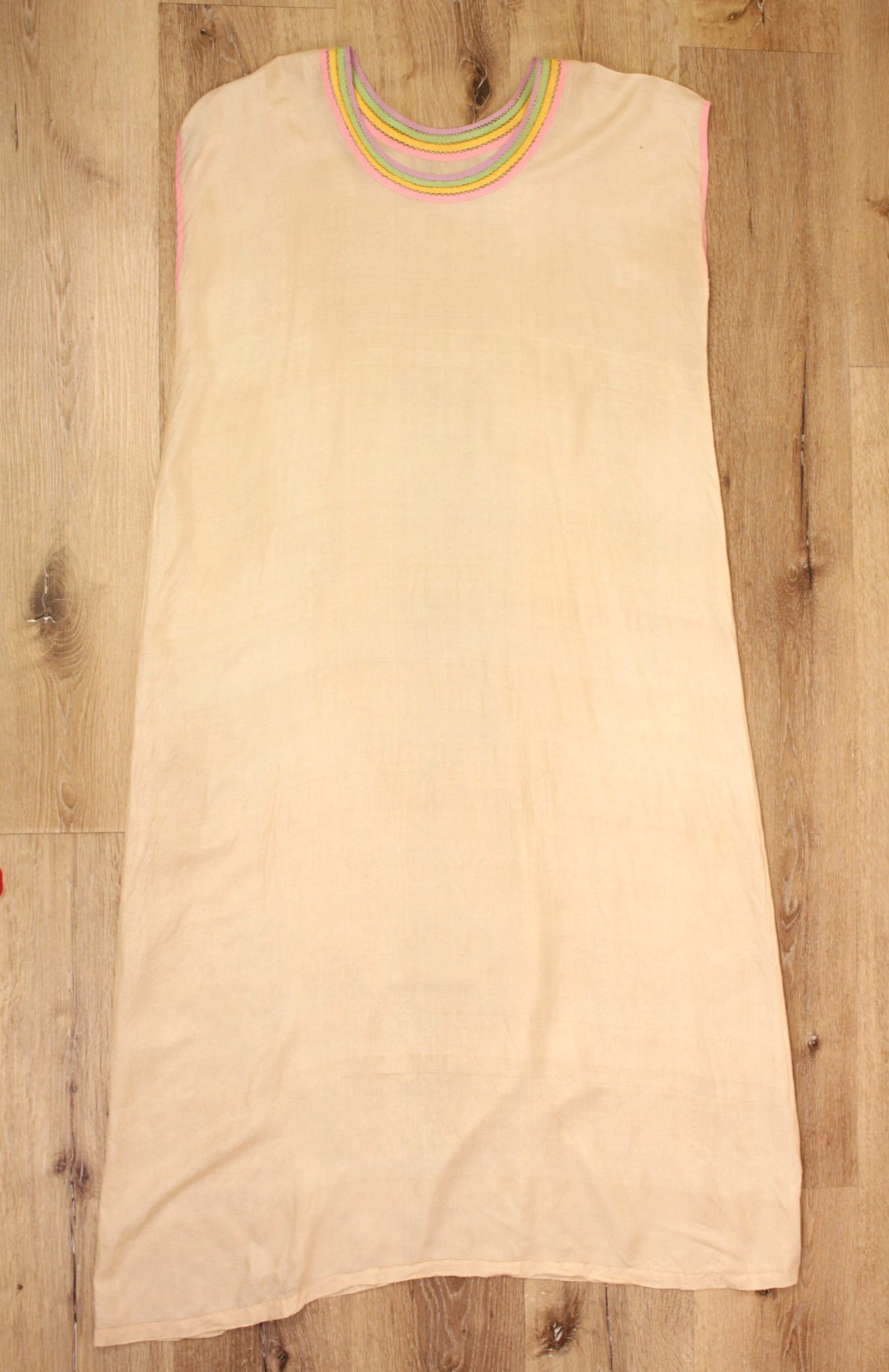 VTG Women’s 20s Peach Silk Slip Dress W/ Rainbow Trim Collar M/L 1920s Nightgown