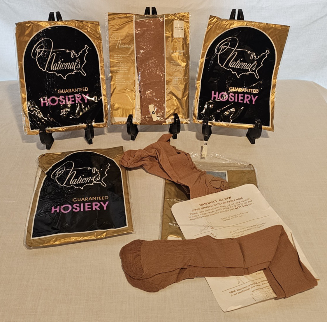 5 pr National’s Guaranteed Hosiery Style RN14448 Brown Beige Pantyhose Sz D
