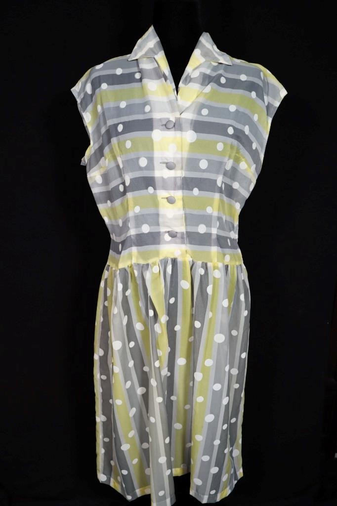 RARE FRENCH VINTAGE 1950’S YELLOW & GRAY NYLON SHEER DRESS SIZE 6-8