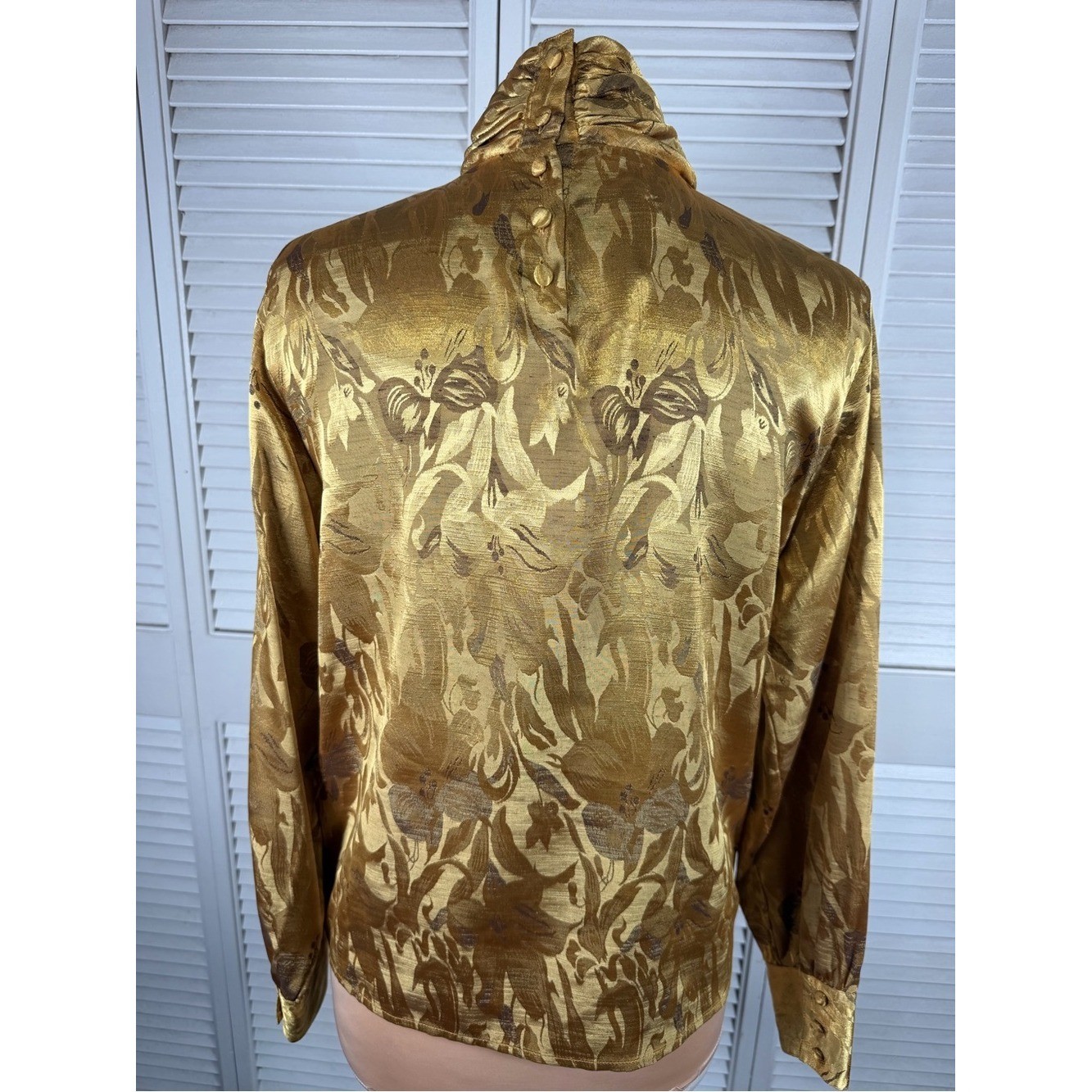 Neil Martin Gold Floral Jacquard High Neck Pleated Blouse Size 8 Vintage