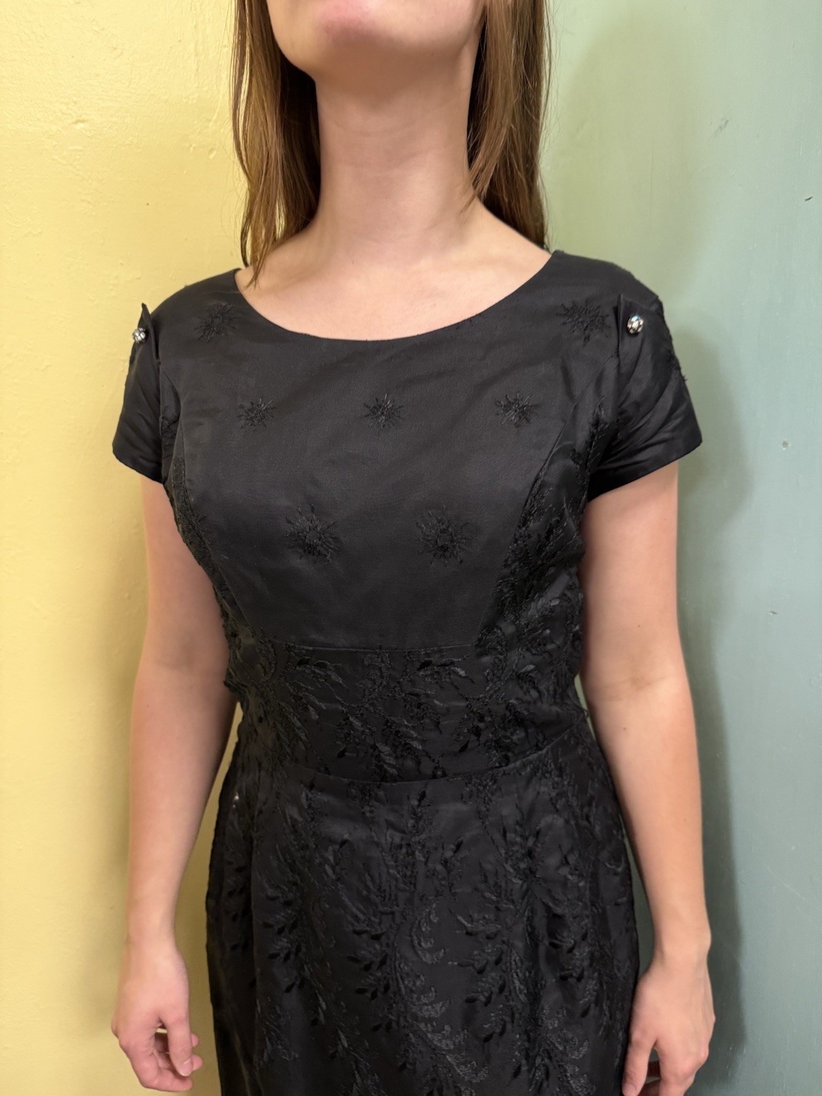 Vintage 50s/60s Pinup Black Polished Cotton Embroidered Cocktail Evening Dress S