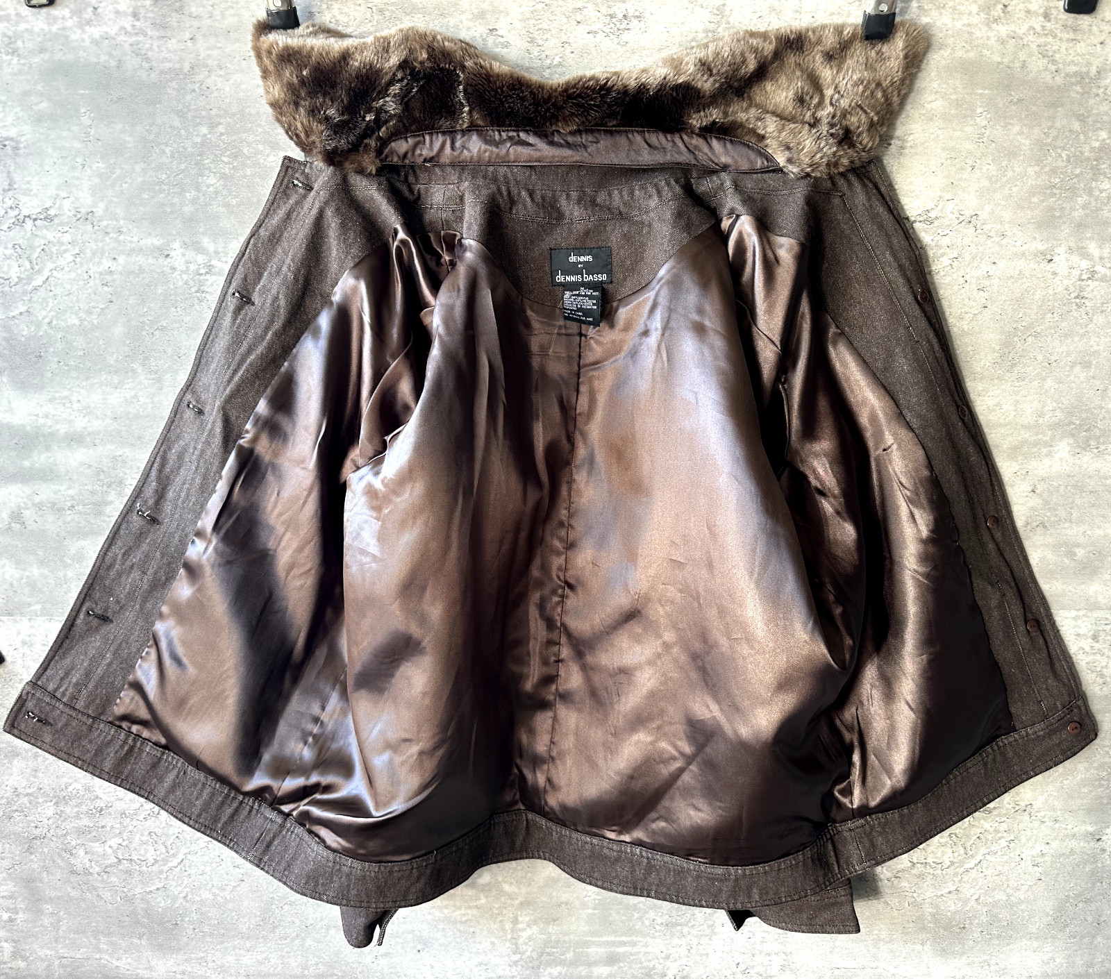 Vintage Dennis Basso Brown Denim Embellished Trucker Jacket w Faux Fur Collar M