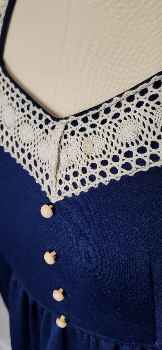 Vintage 70s Royal Blue Ivory White Lace Maxi Dress Tie Empire Waist S or M