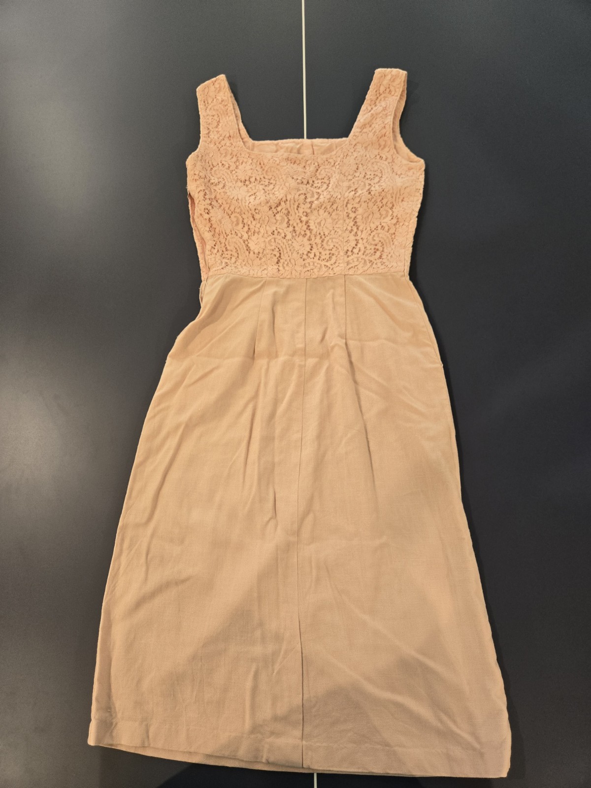 60s 50s VTG Ballerina Linen Pink Lace Pencil Dress XS Pin Up Wiggle Dress