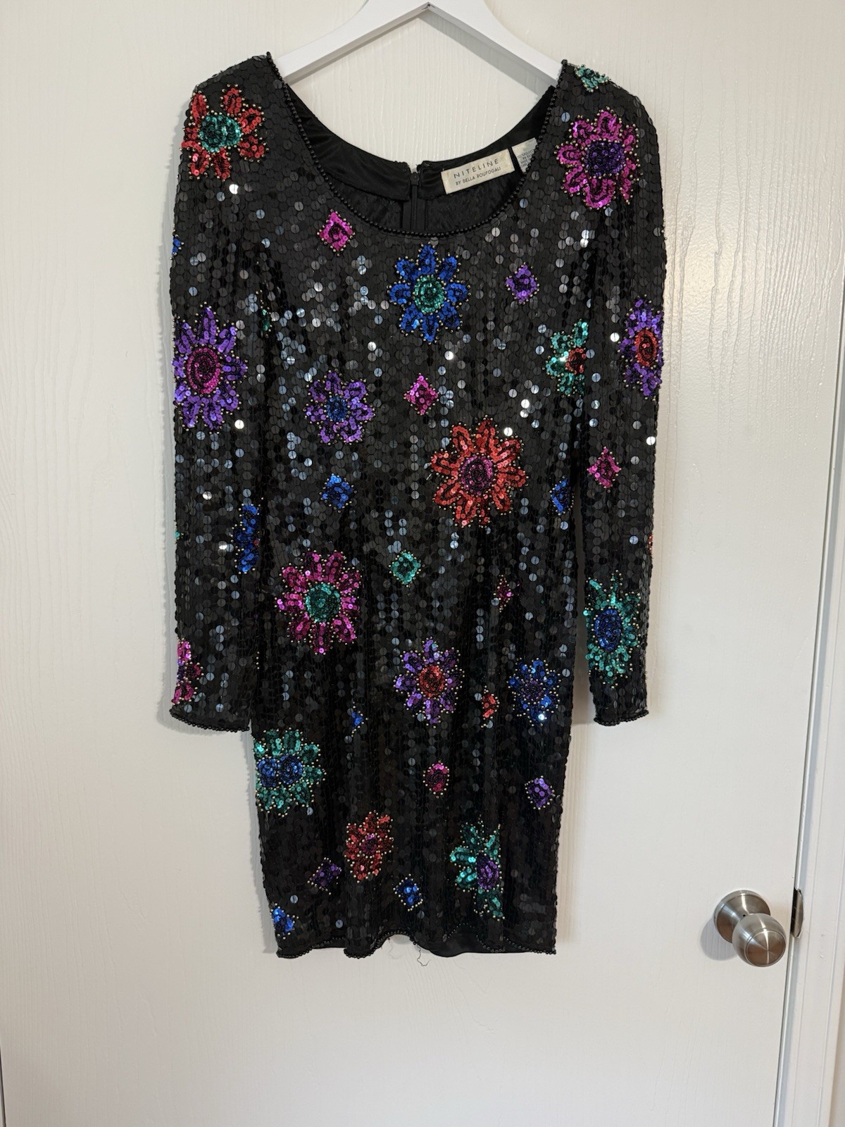 Nite Line Della Roufogali Vintage Sequin 80s Long Sleeve Black Party Dress 8
