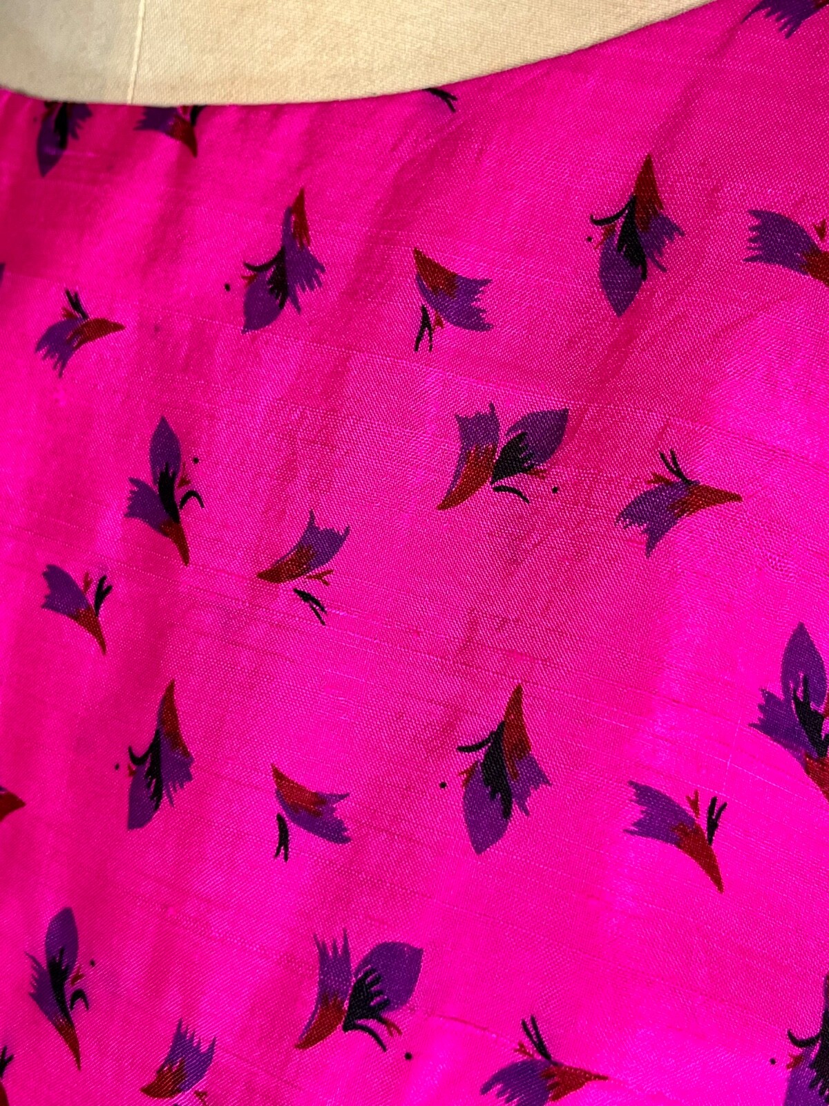 Vintage 1950’s-60’s rare HOT PINK pure silk floral dress with pleat details M/L