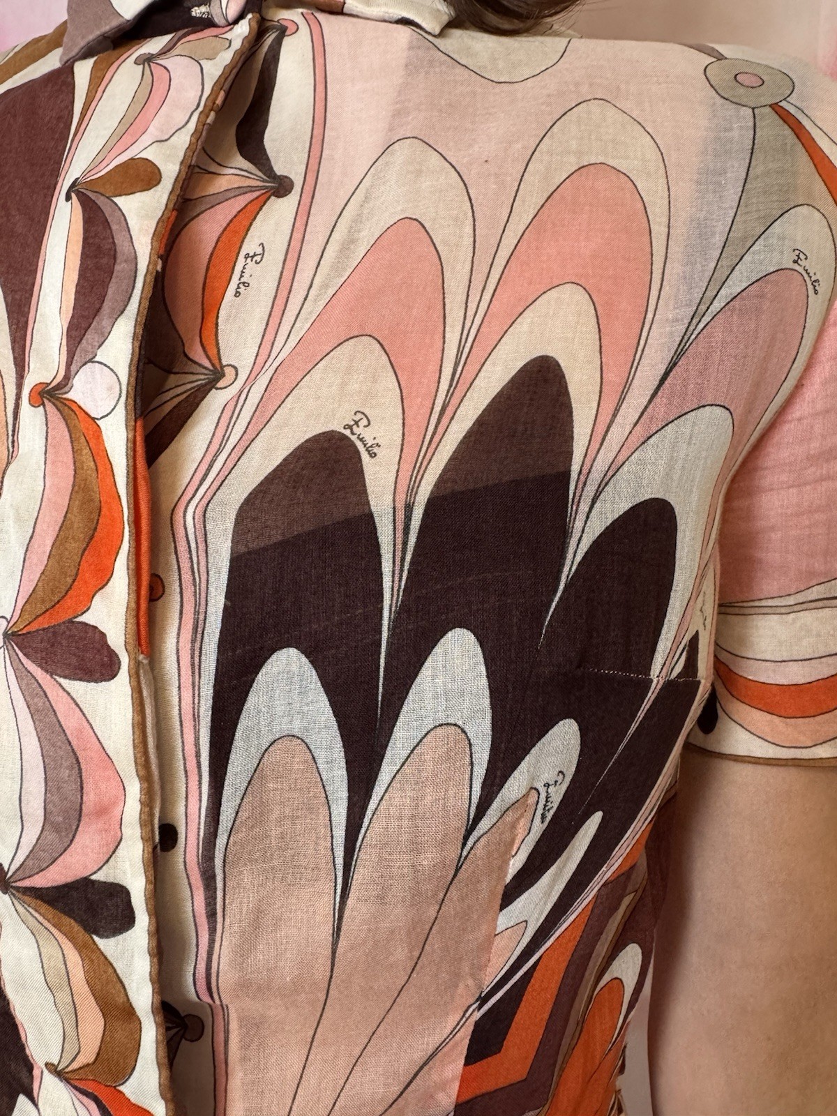 1960s Emilio Pucci Pink-Orange-Brown Psychedelic Printed Cotton ss Dress