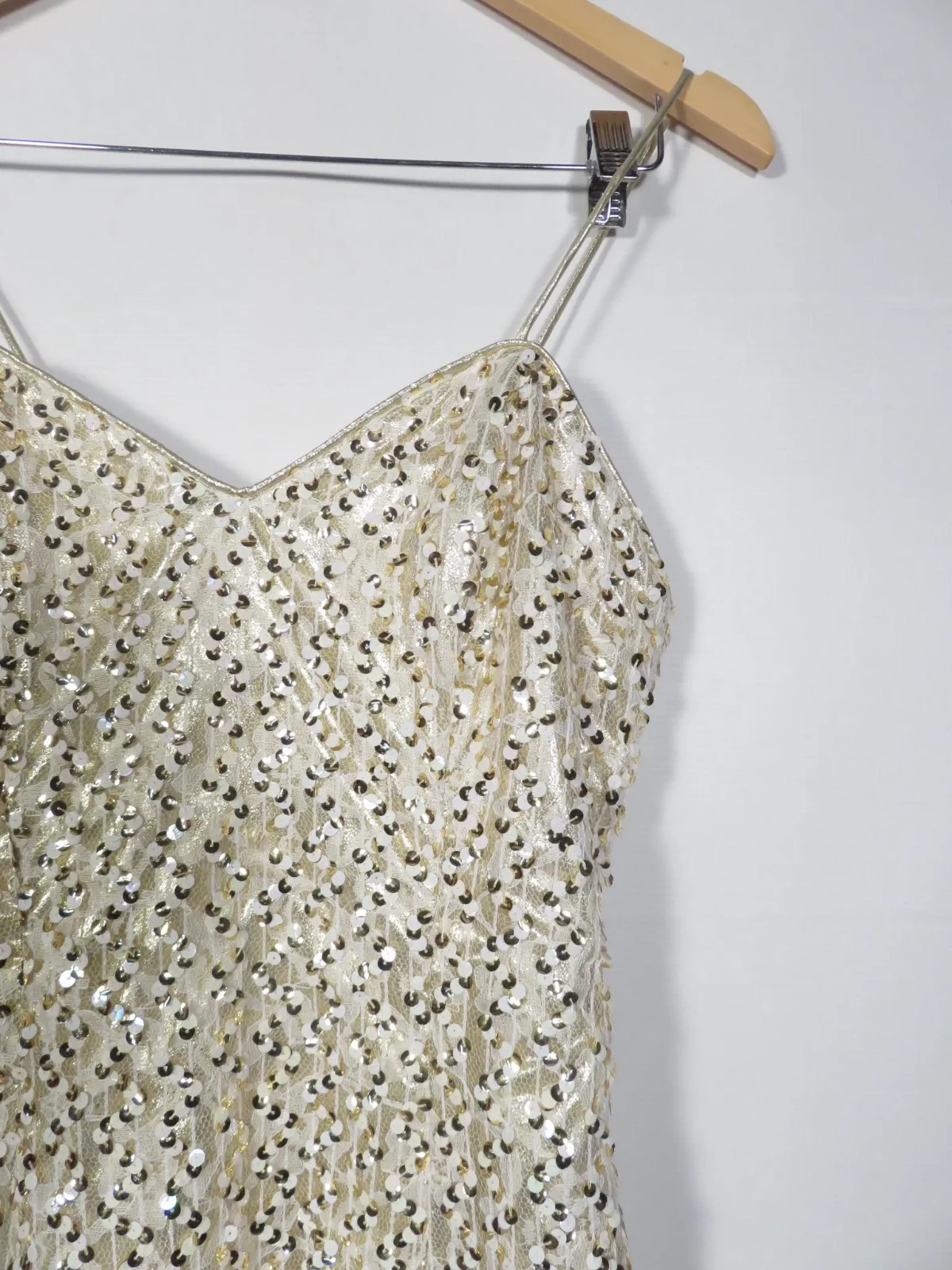 Vintage White And Gold Sequin Cache Lace Up Back Spaghetti Strap Dress Size S