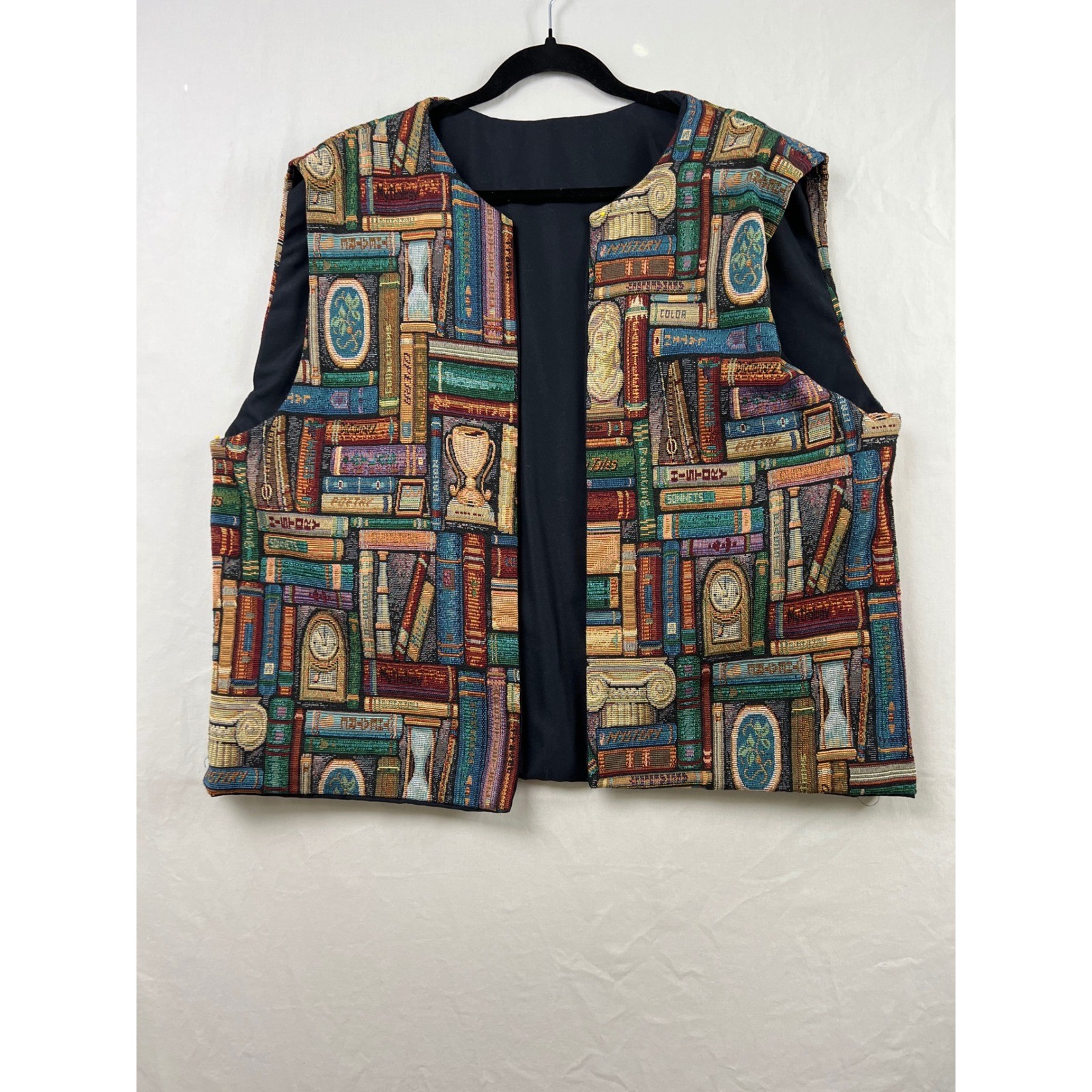 New Humor Vintage Tapestry Vest Women XXL Bookshelf Library Colorful Open Front
