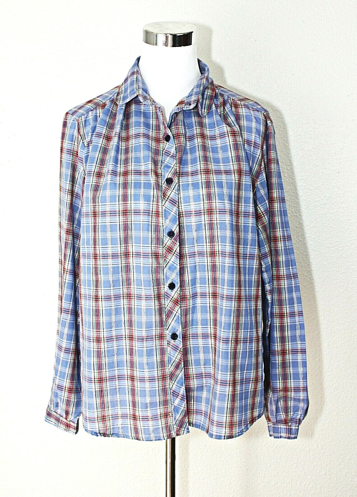 VTG LICORICE X Top Blouse Sz. 40 Long Sl. Blue White Red Gold Plaid Casual #02