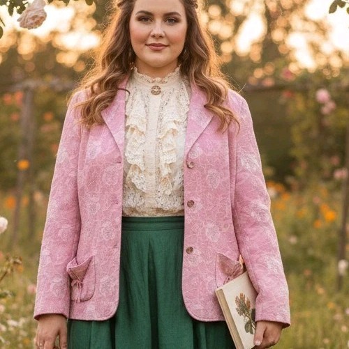 Stanley Blacker Pink Rose Sz 18 Jacquard Floral Spring Coquette Bow Blazer Vtg
