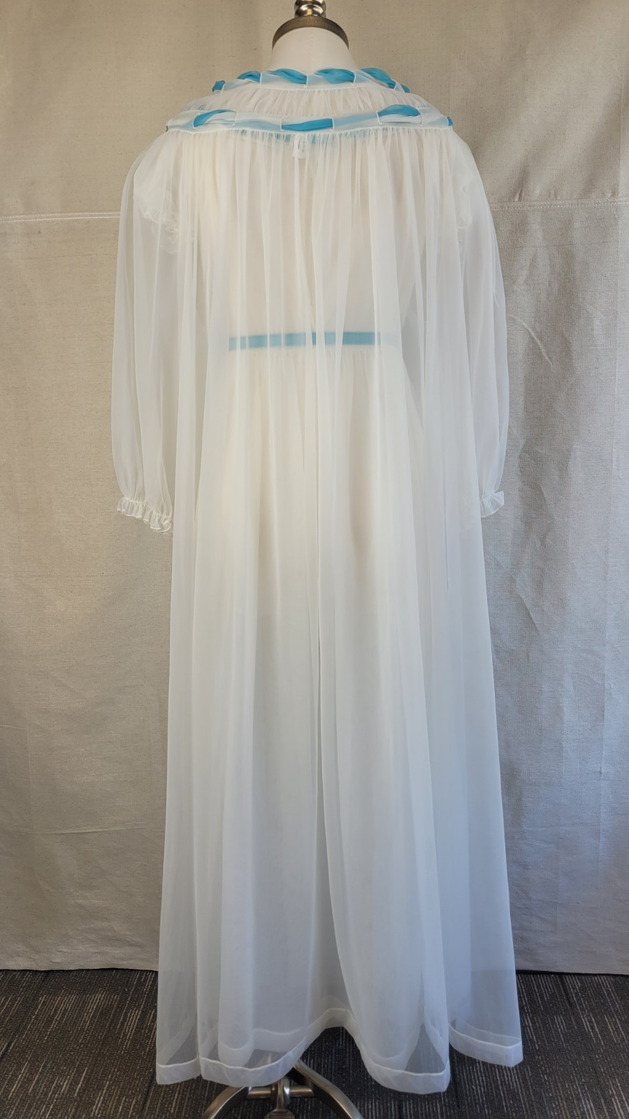 1960s exquisite sheer long white peignoir set with shirring & turquoise accents