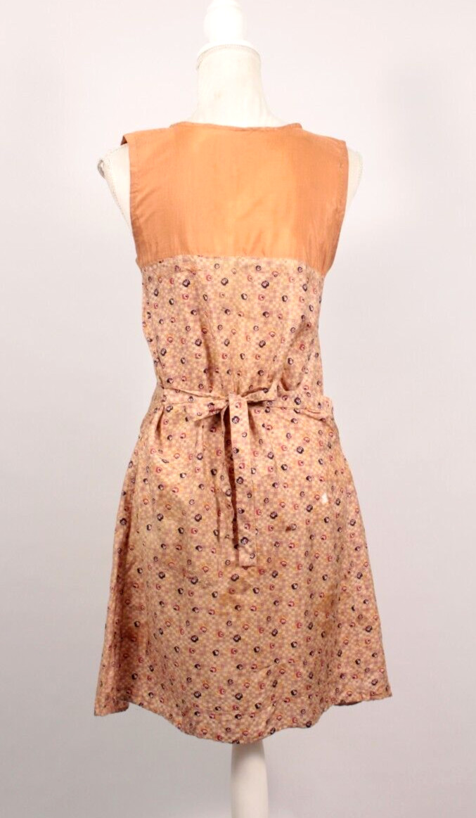 VTG Women’s 20s Tan & Peach Silk Drop Waist Dress W/ Floral Print 1920s Sz S/M