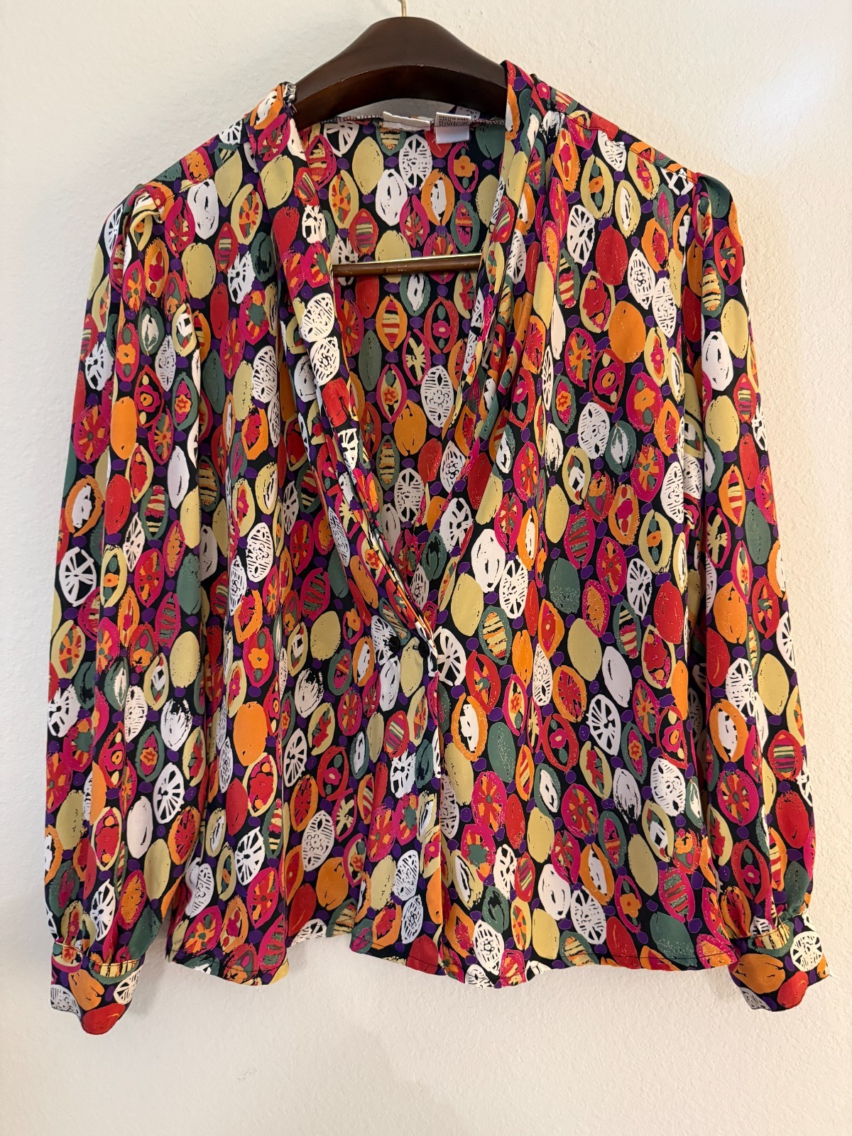 Vintage Marlis Bright Fruit Novelty Print Deep V Neck Blouse XL