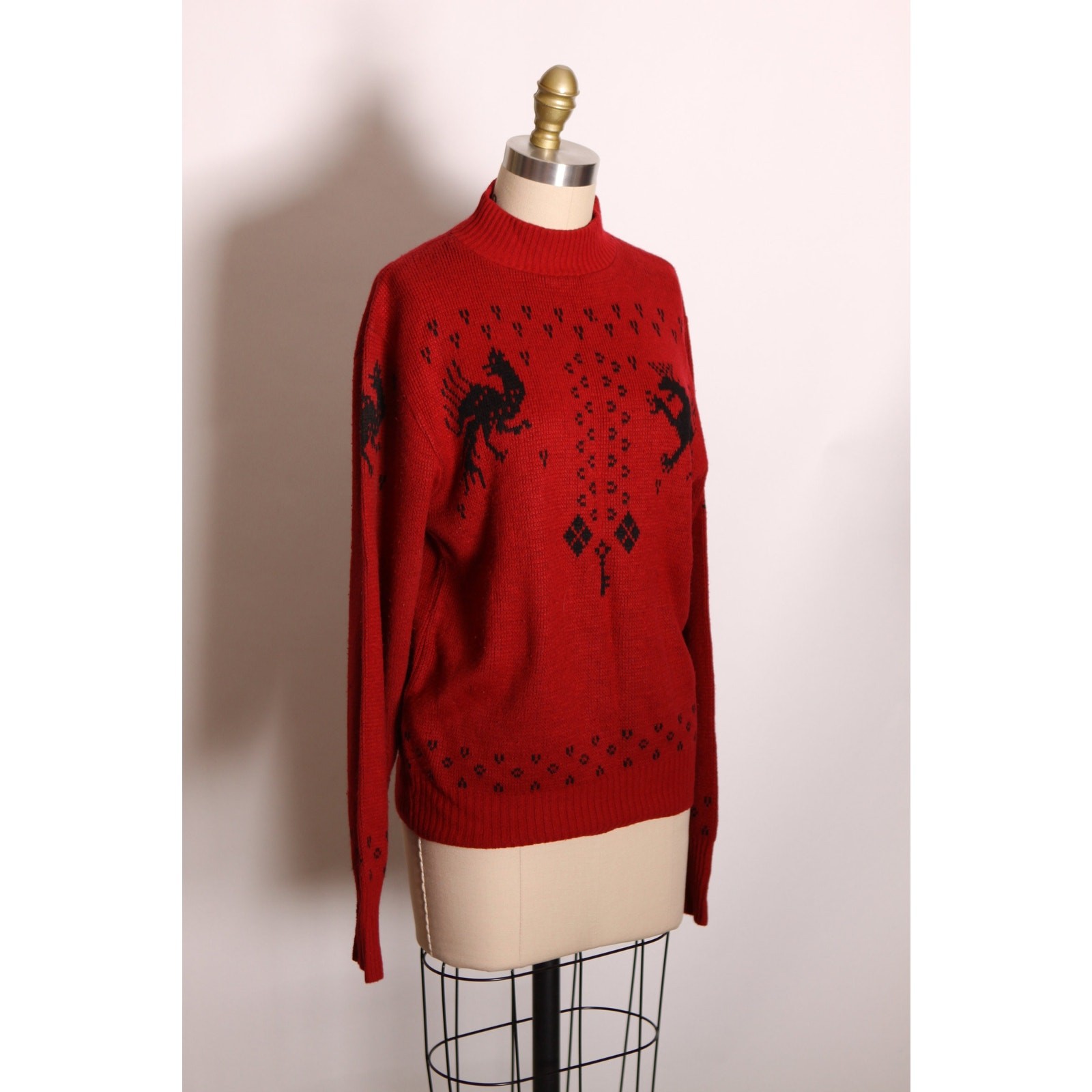 1960s Dark Red Black Novelty Mythical Phoenix Griffith Sweater by Puritan