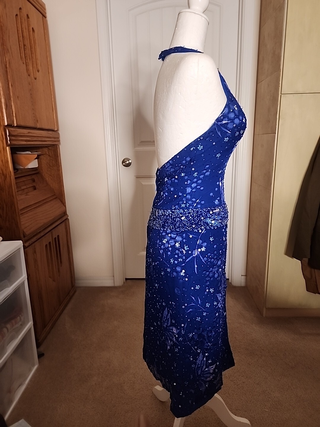 Costume Co Electric Blue Handmade Halter Dress Beaded & Sequins Broadway History