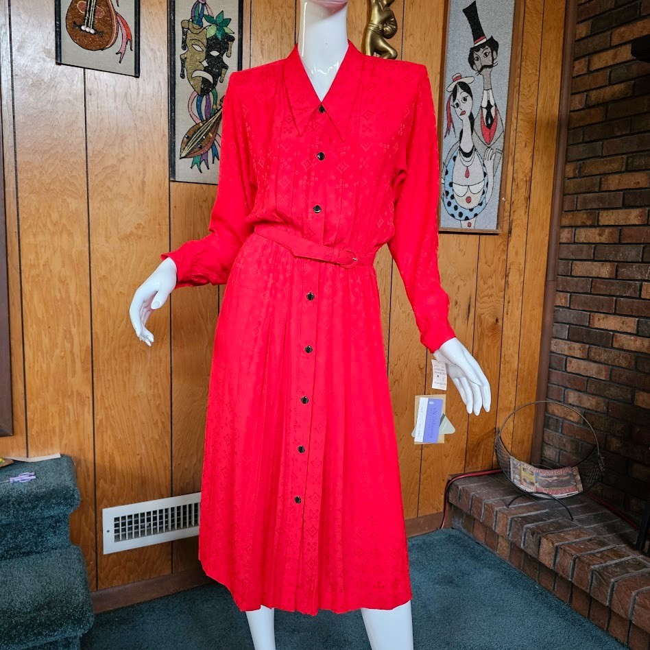 Vtg 80s Silk Jacquard Secretary Liz Claiborne Lipstick Red Femme Boss Dress S/M