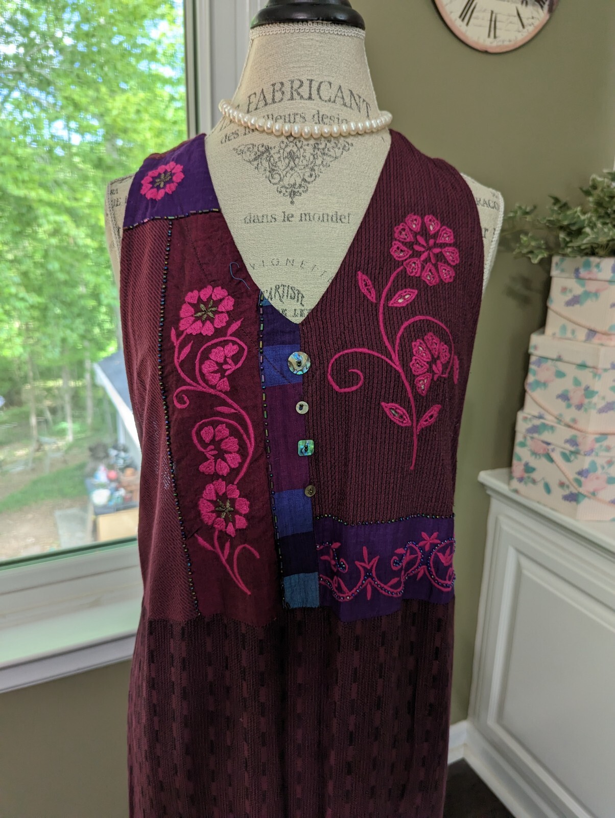 VTG LONG DRESS/ROMPER w/Diff. Fabrics-Embr-Beads-Mother of Pearl Accents-size L