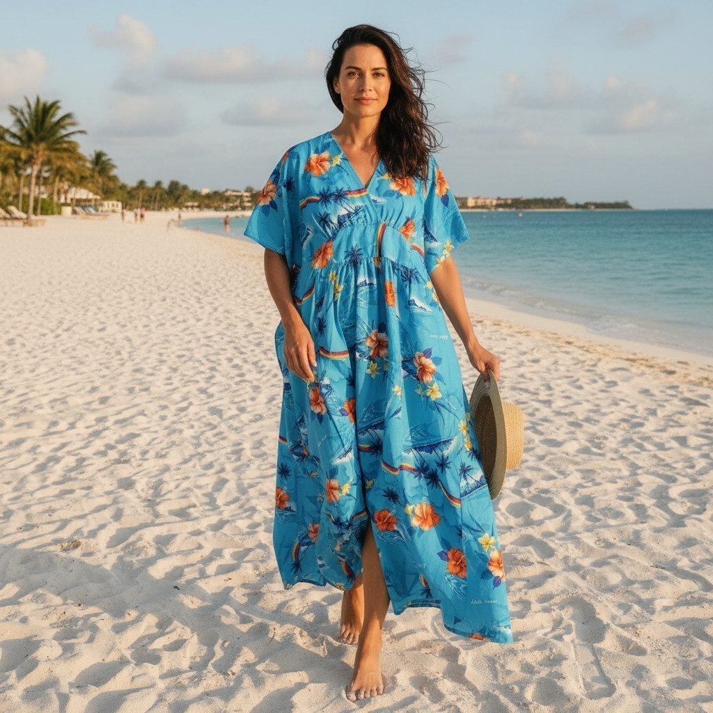 VTG 70s Hawaiian Muumuu Mrs. Roper Caftan, Angel Wing Sleeve resort One Size